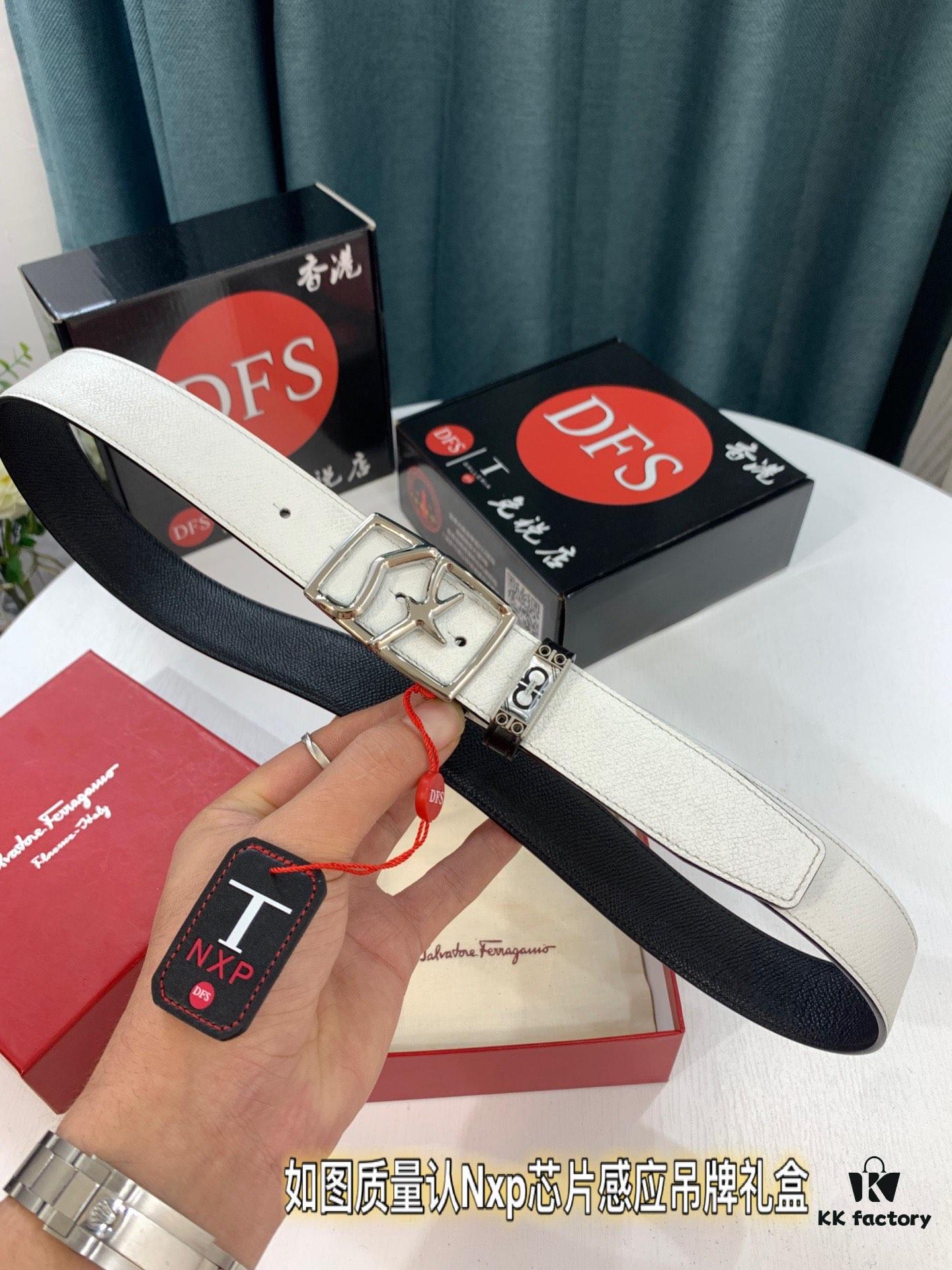 693200583a89a121ed550008 Ferragamo Men's Belt, Genuine First-Layer Cattle Leather with '8' Shaped Stainless Steel Buckle, Reversible Design, 3.5cm Width