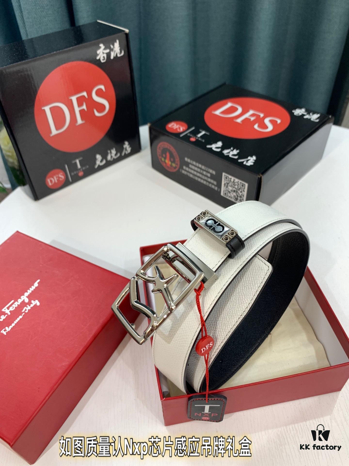 693200583a89a121ed55000a Ferragamo Men's Belt, Genuine First-Layer Cattle Leather with '8' Shaped Stainless Steel Buckle, Reversible Design, 3.5cm Width