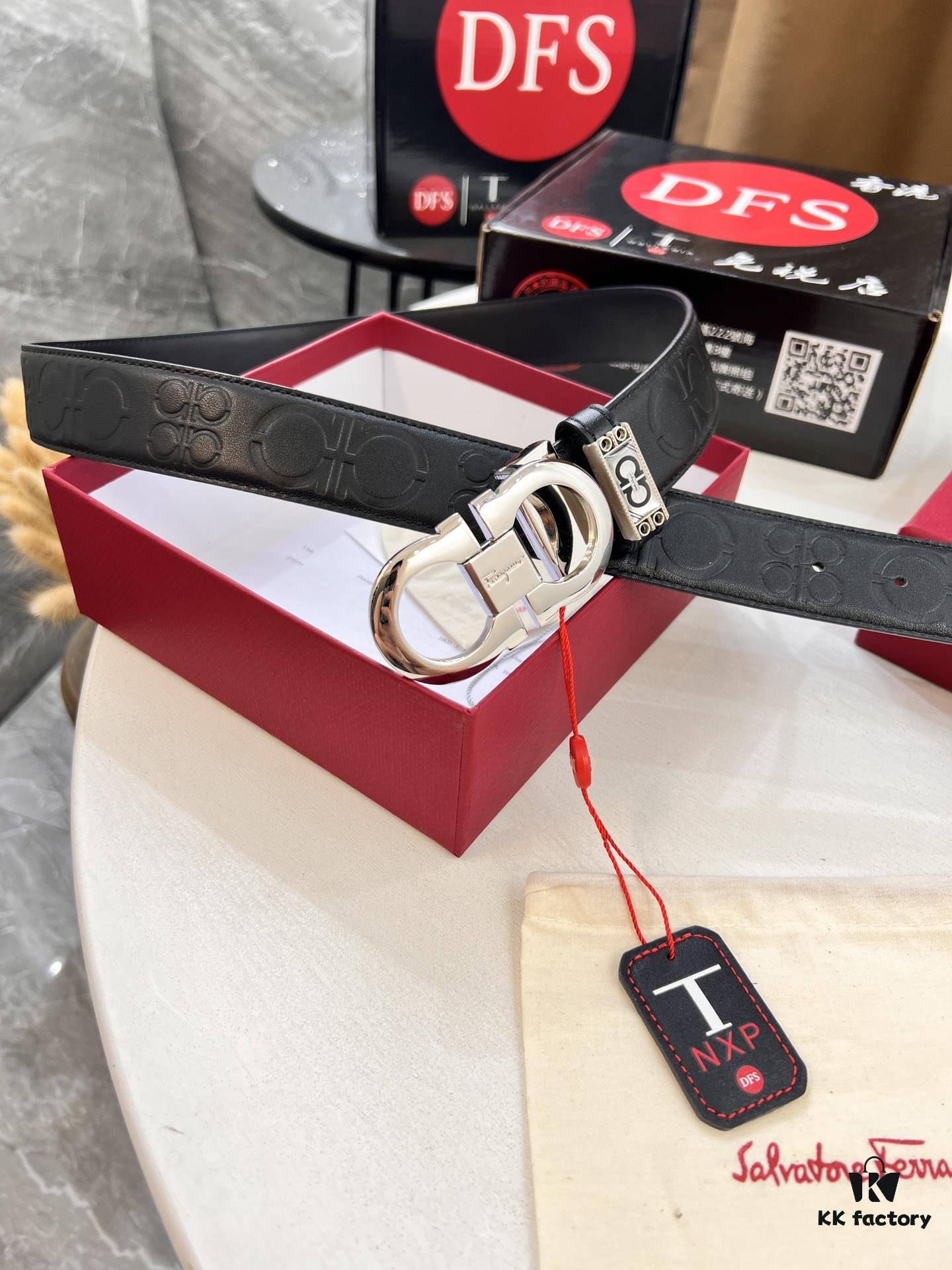 Ferragamo Men's Belt, Genuine First-Layer Calfskin with Double-Sided Usage, 3.5cm Width, Stainless Steel Buckle, Adjustable Length