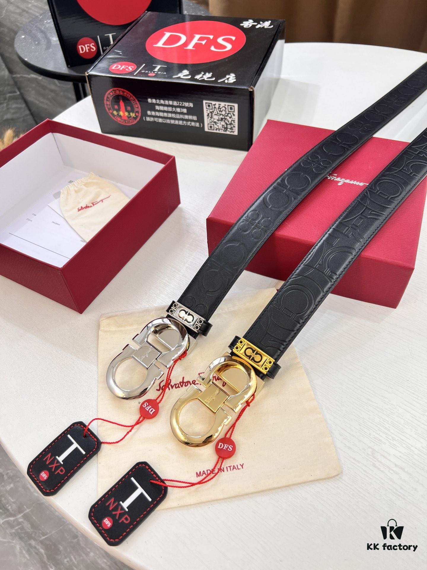Ferragamo Men's Belt, Genuine First-Layer Calfskin with Double-Sided Usage, 3.5cm Width, Stainless Steel Buckle, Adjustable Length