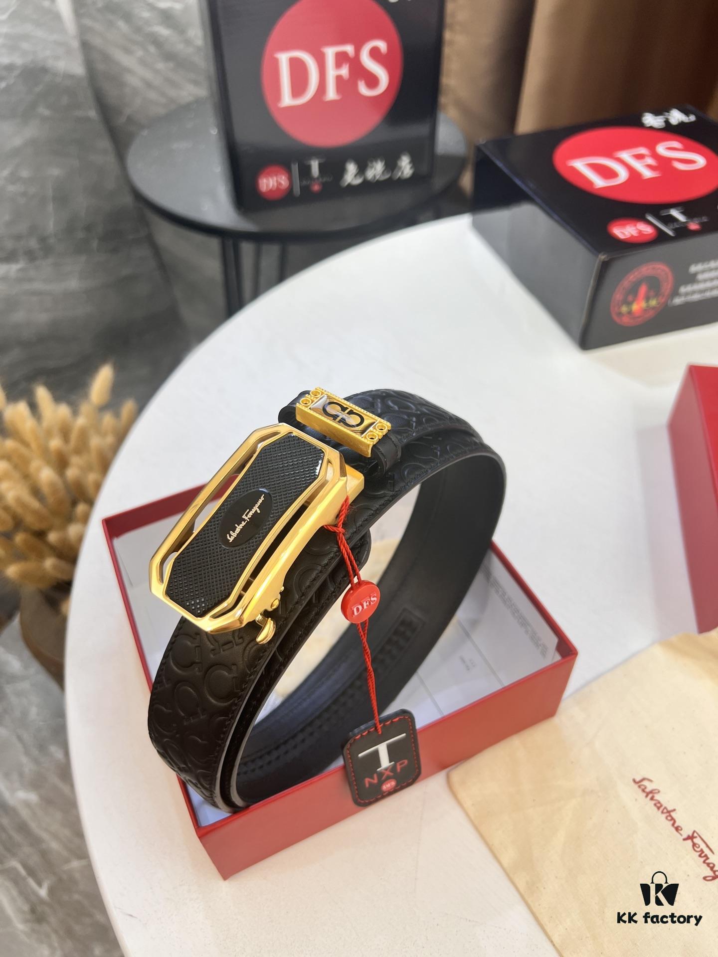 693200613a89a121ed550036 Salvatore Ferragamo Men's Automatic Belt, Top-Quality Genuine Leather with '8' Pattern, 3.5cm Width, Stainless Steel Hardware
