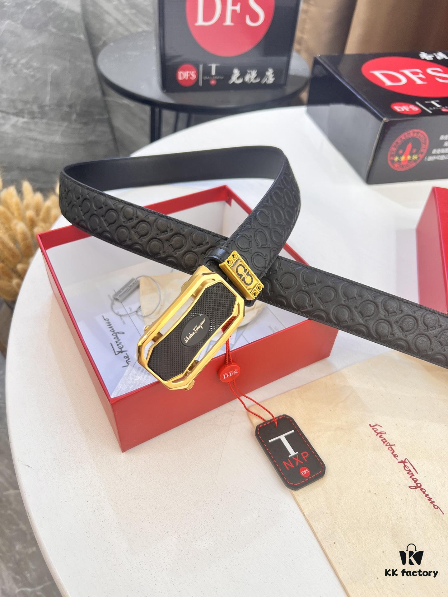 693200623a89a121ed550037 Salvatore Ferragamo Men's Automatic Belt, Top-Quality Genuine Leather with '8' Pattern, 3.5cm Width, Stainless Steel Hardware
