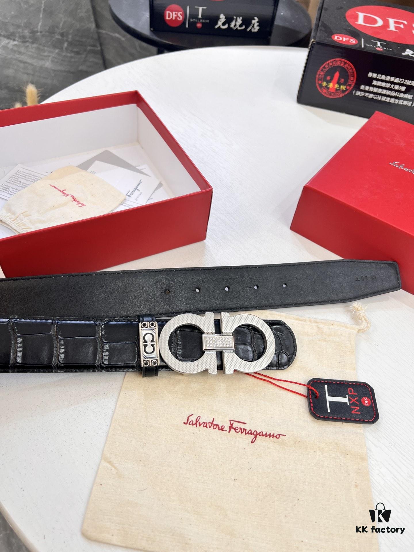 693200633a89a121ed550043 Top-tier Salvatore Ferragamo Men's Crocodile Pattern Genuine Leather Belt, Original 8-Shaped Hardware, German Manufactured, Hong Kong Duty-Free Gift Box