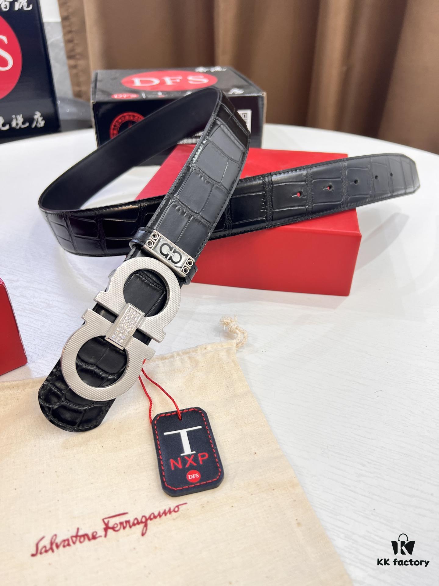 693200633a89a121ed550045 Top-tier Salvatore Ferragamo Men's Crocodile Pattern Genuine Leather Belt, Original 8-Shaped Hardware, German Manufactured, Hong Kong Duty-Free Gift Box