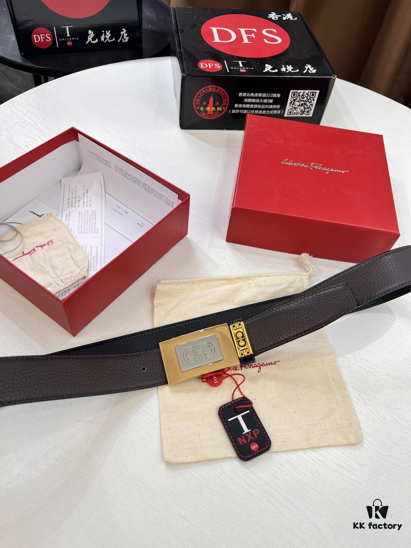 693200643a89a121ed55004f Shop Owner Recommended Trumpet Trumpet Salvatore Ferragamo Men's Belt, Genuine Imported Full-Grain Calfskin with Pebbled Texture, Reversible Design, Customizable Length, New Simple Color Stainless Steel Hardware, 3.5cm Width, Ideal Gift Choice