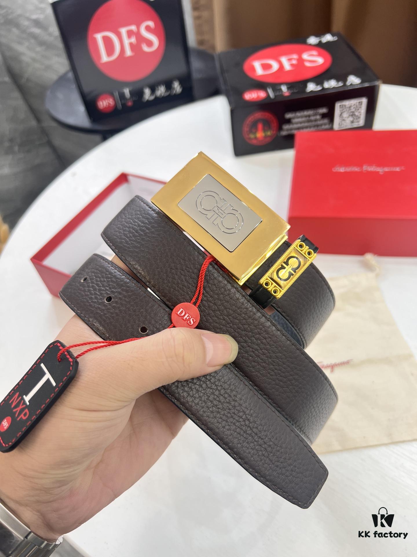 693200643a89a121ed550050 Shop Owner Recommended Trumpet Trumpet Salvatore Ferragamo Men's Belt, Genuine Imported Full-Grain Calfskin with Pebbled Texture, Reversible Design, Customizable Length, New Simple Color Stainless Steel Hardware, 3.5cm Width, Ideal Gift Choice