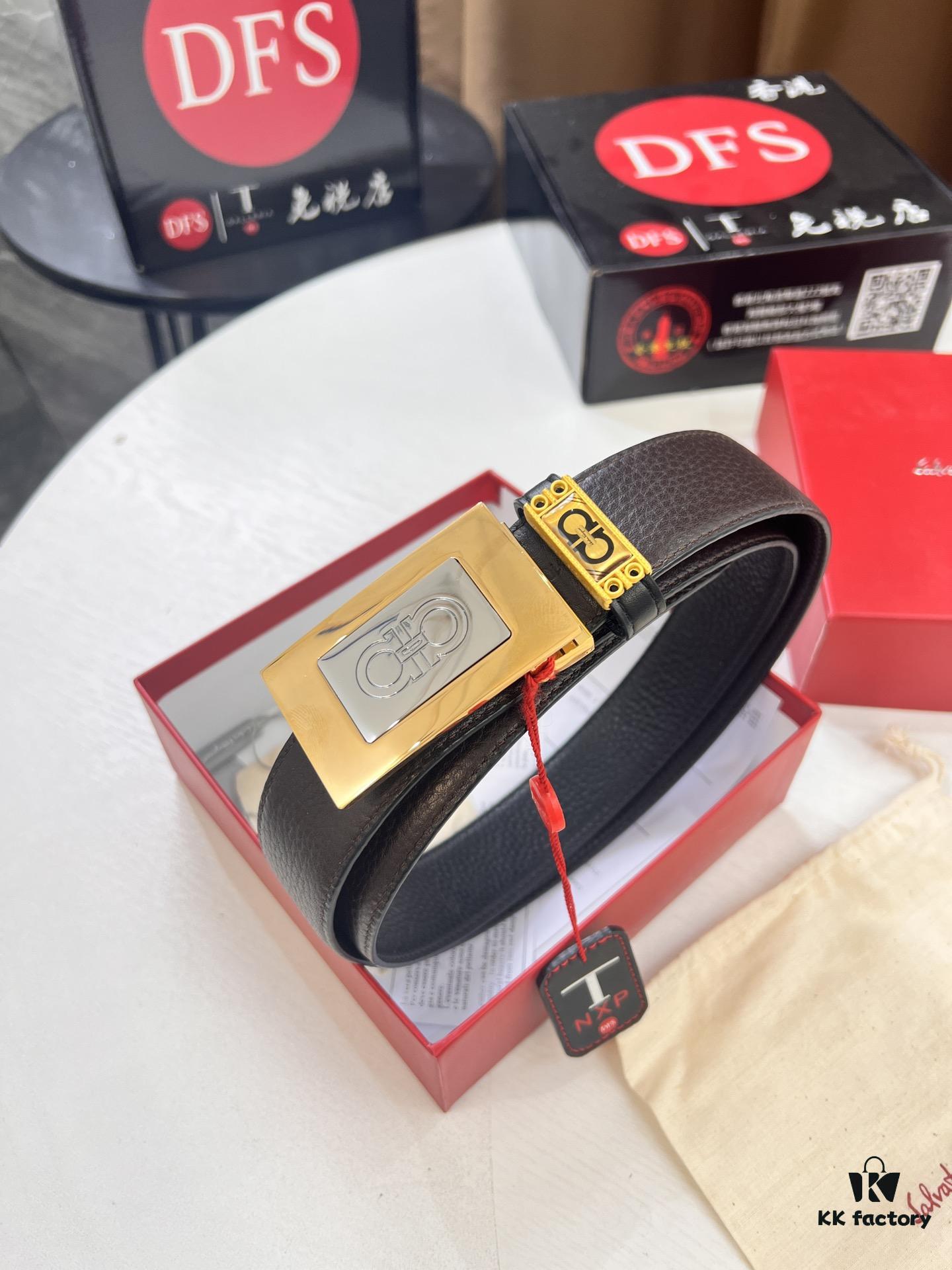 693200643a89a121ed550052 Shop Owner Recommended Trumpet Trumpet Salvatore Ferragamo Men's Belt, Genuine Imported Full-Grain Calfskin with Pebbled Texture, Reversible Design, Customizable Length, New Simple Color Stainless Steel Hardware, 3.5cm Width, Ideal Gift Choice