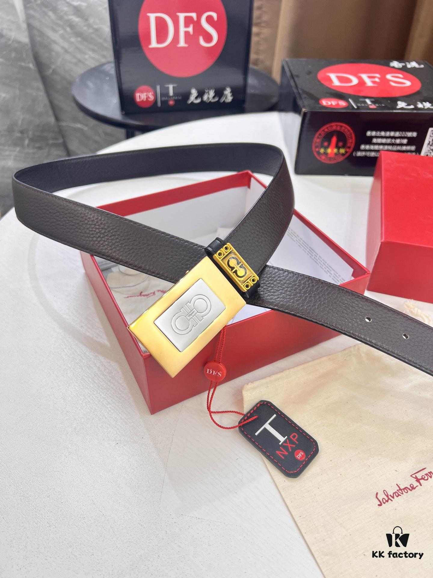 693200643a89a121ed550053 Shop Owner Recommended Trumpet Trumpet Salvatore Ferragamo Men's Belt, Genuine Imported Full-Grain Calfskin with Pebbled Texture, Reversible Design, Customizable Length, New Simple Color Stainless Steel Hardware, 3.5cm Width, Ideal Gift Choice