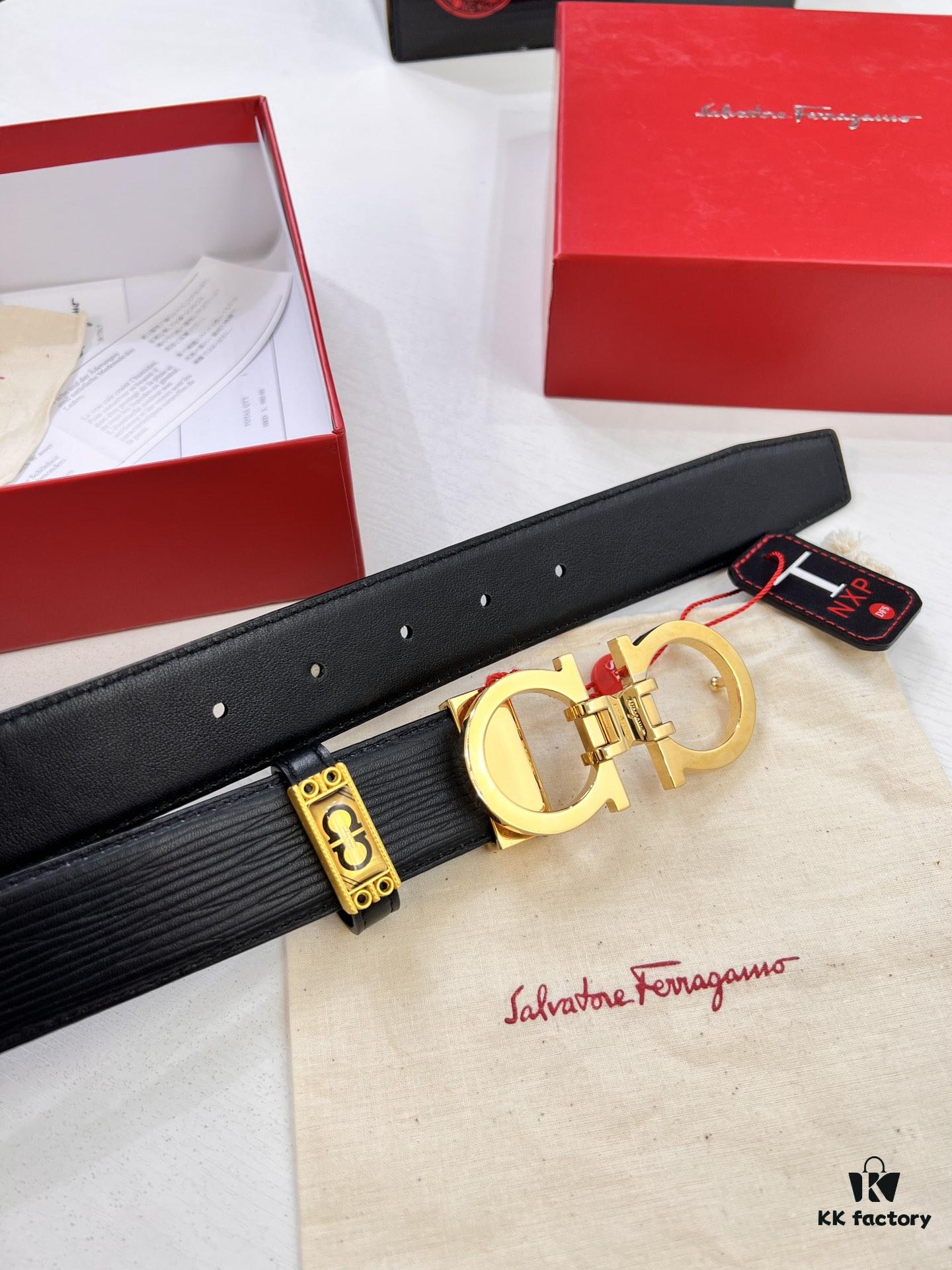 693200653a89a121ed550058 Salvatore Ferragamo Men's Belt, Genuine Crocodile Grain Full-Grain Calfskin, Reversible Design, 3.5cm Width, Precision 8-Shaped Steel Hardware, Adjustable Length, Ideal Gift