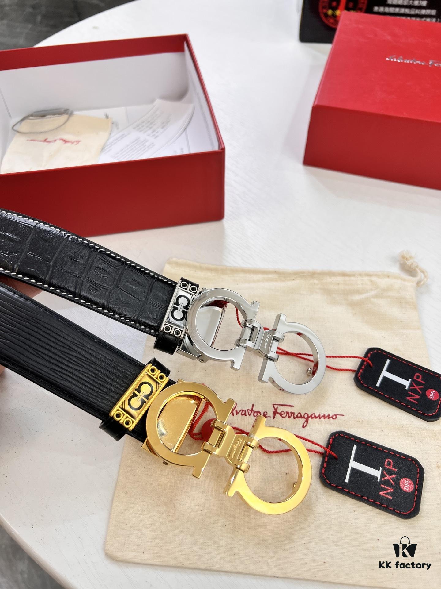 693200653a89a121ed55005b Salvatore Ferragamo Men's Belt, Genuine Crocodile Grain Full-Grain Calfskin, Reversible Design, 3.5cm Width, Precision 8-Shaped Steel Hardware, Adjustable Length, Ideal Gift
