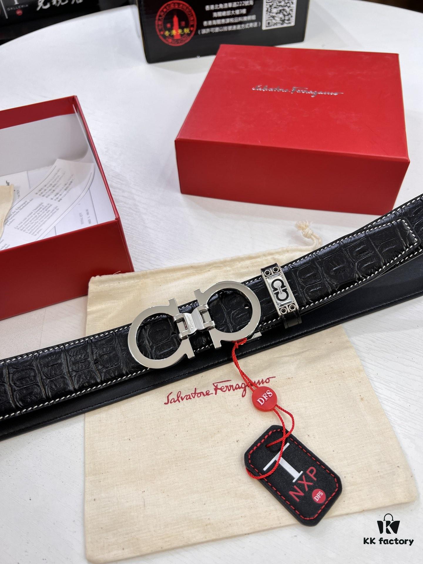 Ferragamo Men's Belt, Genuine Crocodile Grain Full-Grain Cowhide, Reversible Design, 3.5cm Width, Premium Steel Hardware