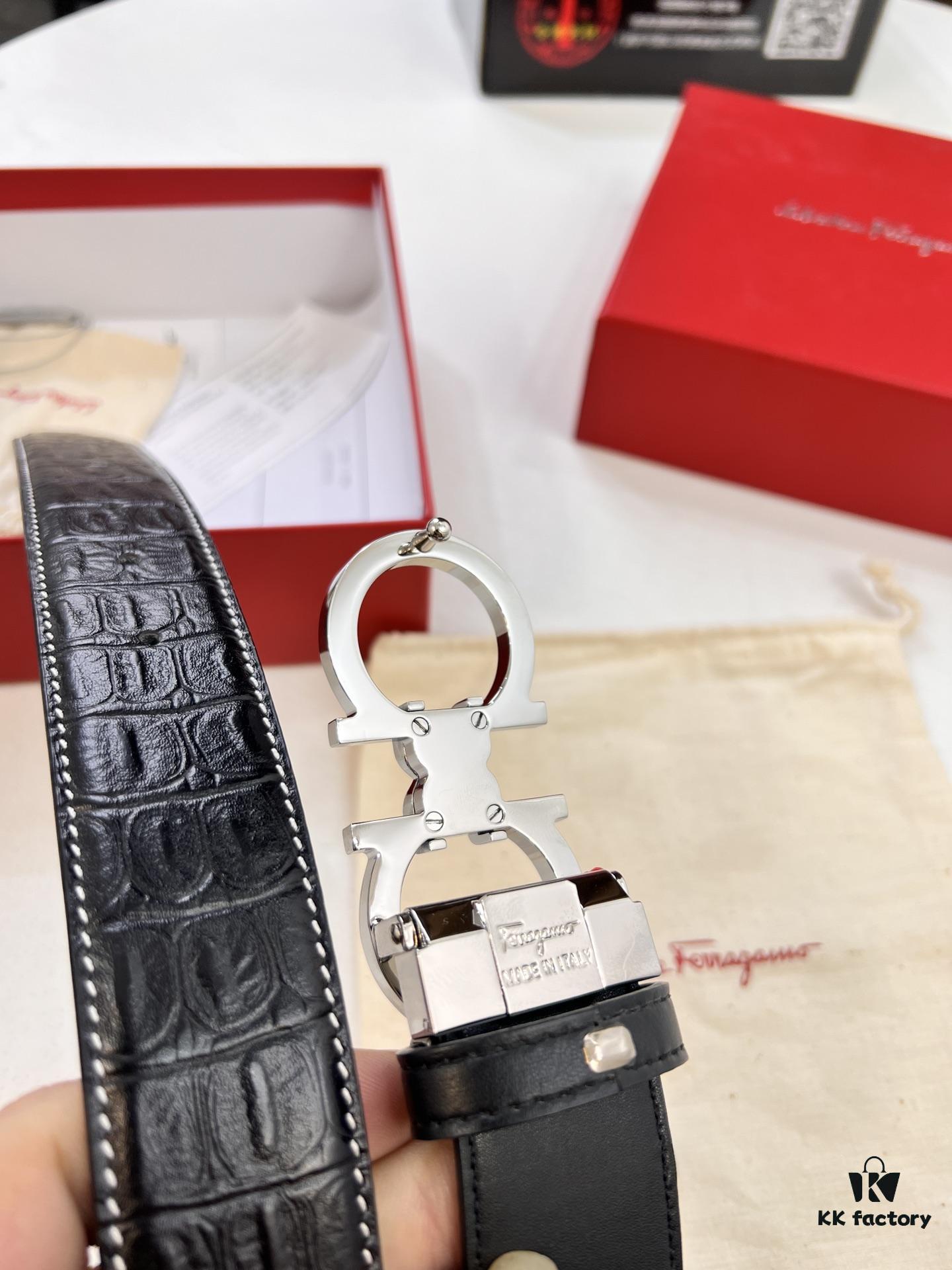 Ferragamo Men's Belt, Genuine Crocodile Grain Full-Grain Cowhide, Reversible Design, 3.5cm Width, Premium Steel Hardware