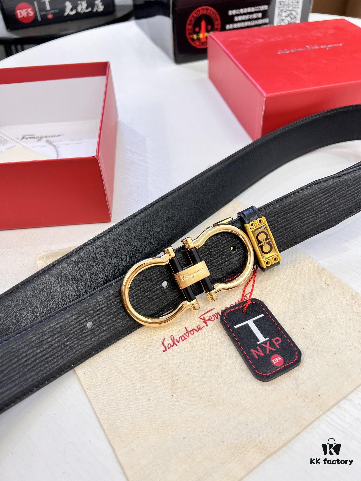 693200653a89a121ed550064 Salvatore Ferragamo Men's Belt, Genuine Top-Layer Calfskin with Crocodile Grain, Reversible Double-Sided Design, 3.5cm Width, New '8' Shaped Stainless Steel Hardware