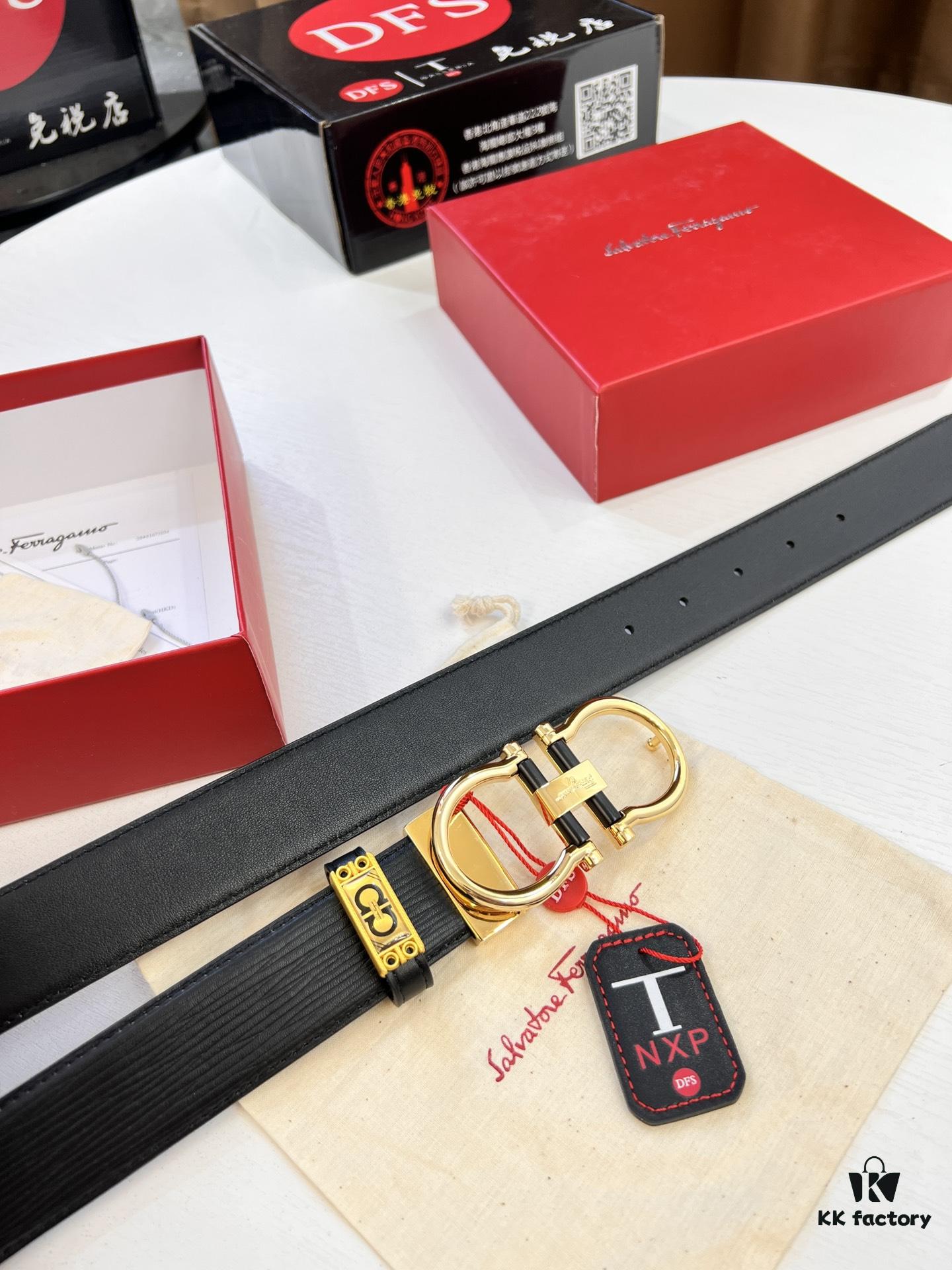 693200663a89a121ed550066 Salvatore Ferragamo Men's Belt, Genuine Top-Layer Calfskin with Crocodile Grain, Reversible Double-Sided Design, 3.5cm Width, New '8' Shaped Stainless Steel Hardware