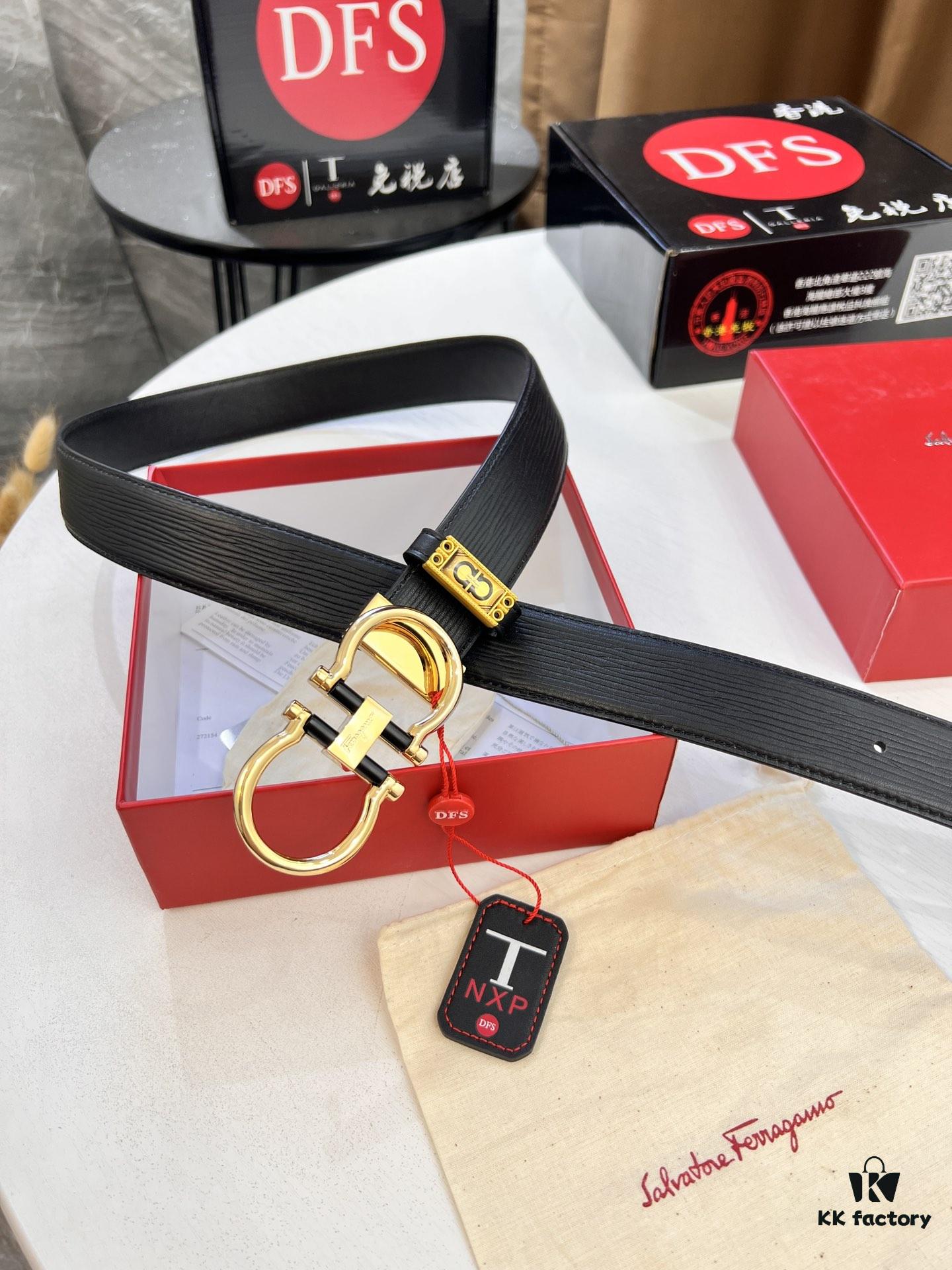 693200663a89a121ed550068 Salvatore Ferragamo Men's Belt, Genuine Top-Layer Calfskin with Crocodile Grain, Reversible Double-Sided Design, 3.5cm Width, New '8' Shaped Stainless Steel Hardware