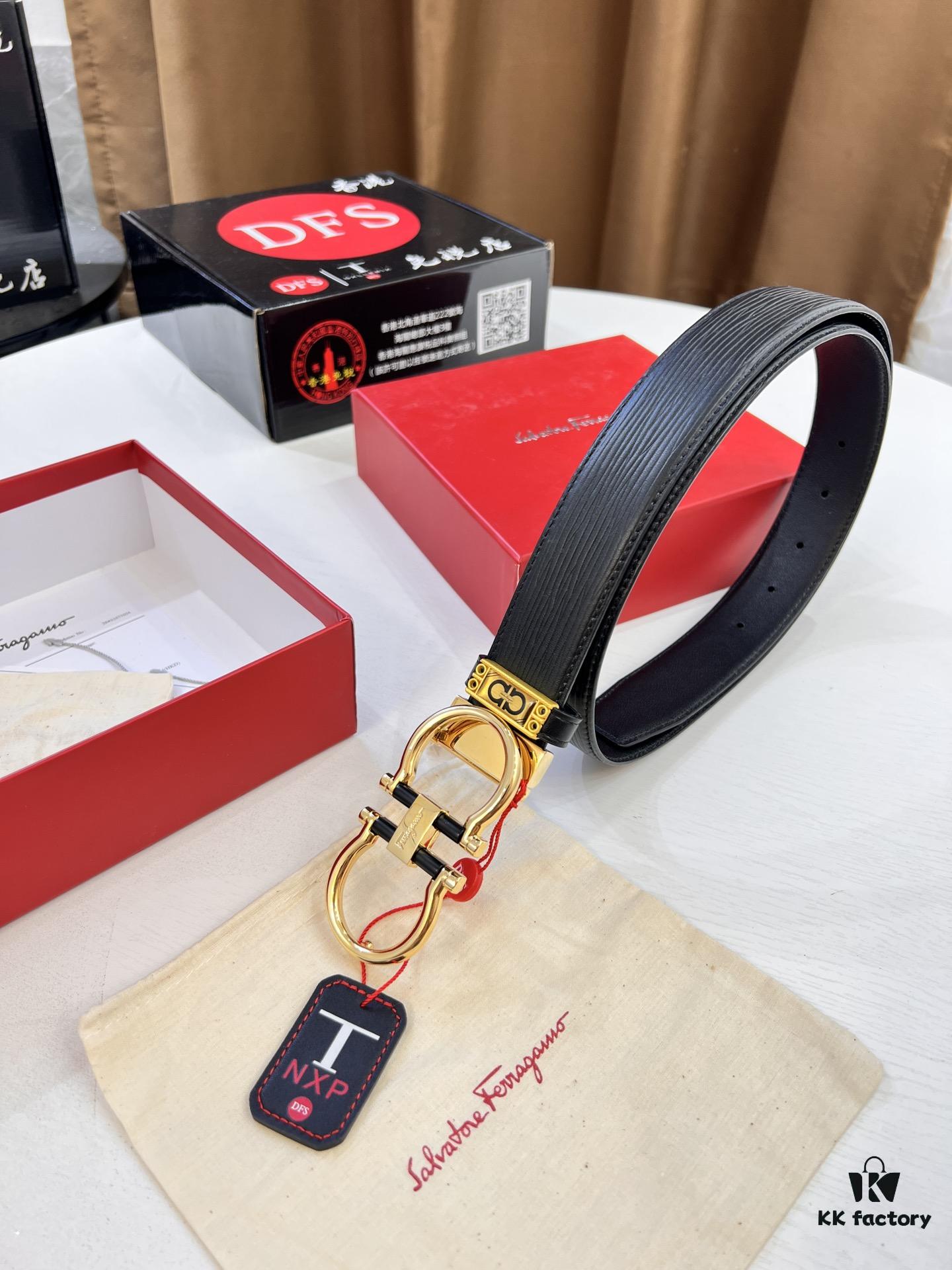 693200663a89a121ed550069 Salvatore Ferragamo Men's Belt, Genuine Top-Layer Calfskin with Crocodile Grain, Reversible Double-Sided Design, 3.5cm Width, New '8' Shaped Stainless Steel Hardware