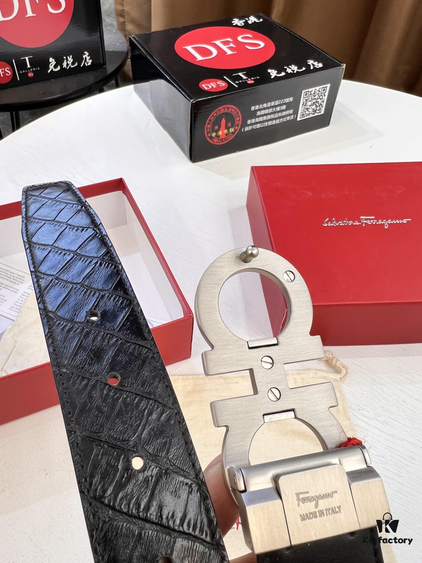 693200663a89a121ed55006e Salvatore Ferragamo Men's Belt, Genuine Crocodile Grain Top Layer Cowhide, Reversible Double-Sided Design, 3.5cm Width, New '8' Shaped Stainless Steel Hardware, Official Website Verified, Ideal for Gifting