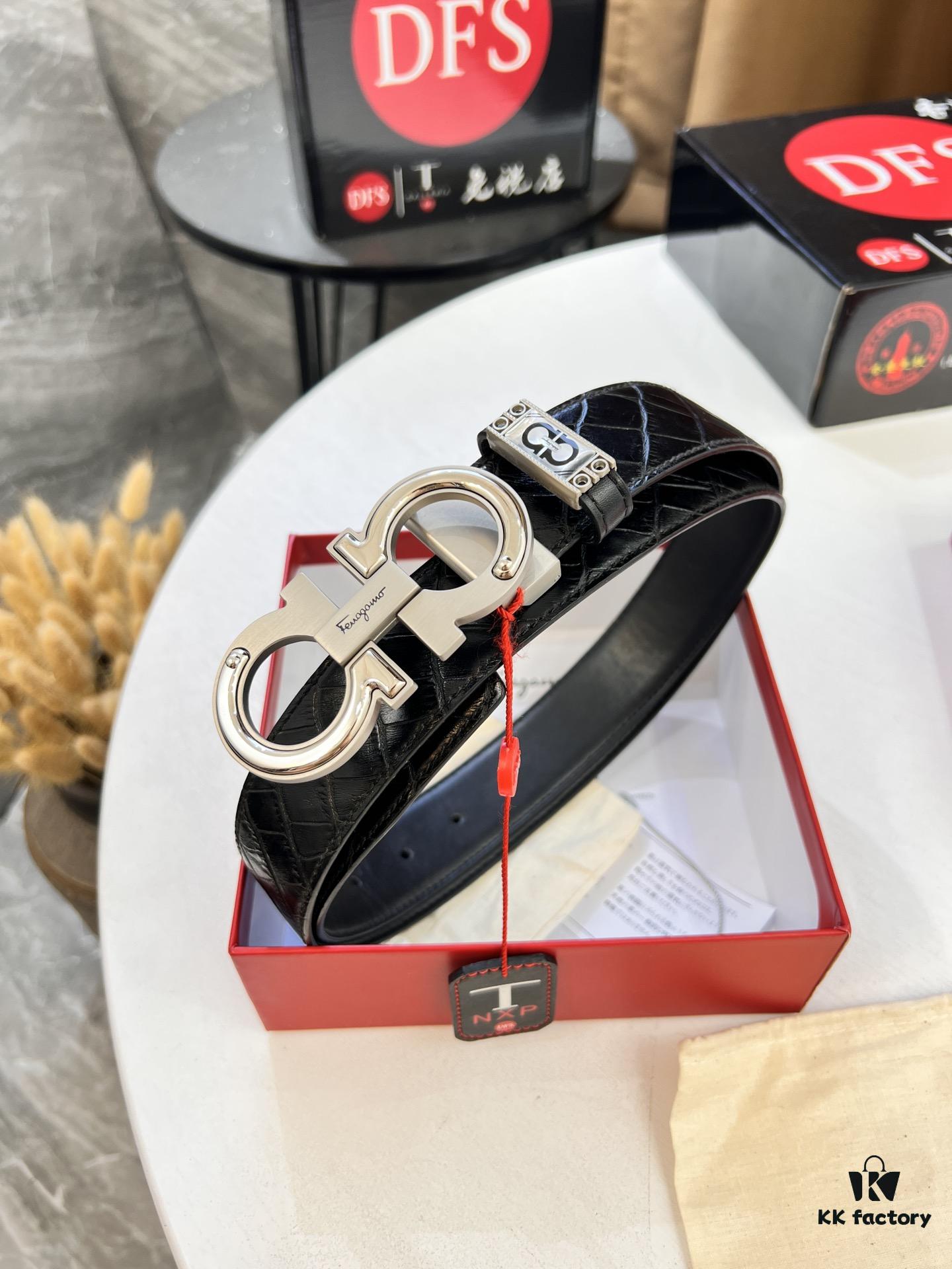 693200663a89a121ed55006f Salvatore Ferragamo Men's Belt, Genuine Crocodile Grain Top Layer Cowhide, Reversible Double-Sided Design, 3.5cm Width, New '8' Shaped Stainless Steel Hardware, Official Website Verified, Ideal for Gifting