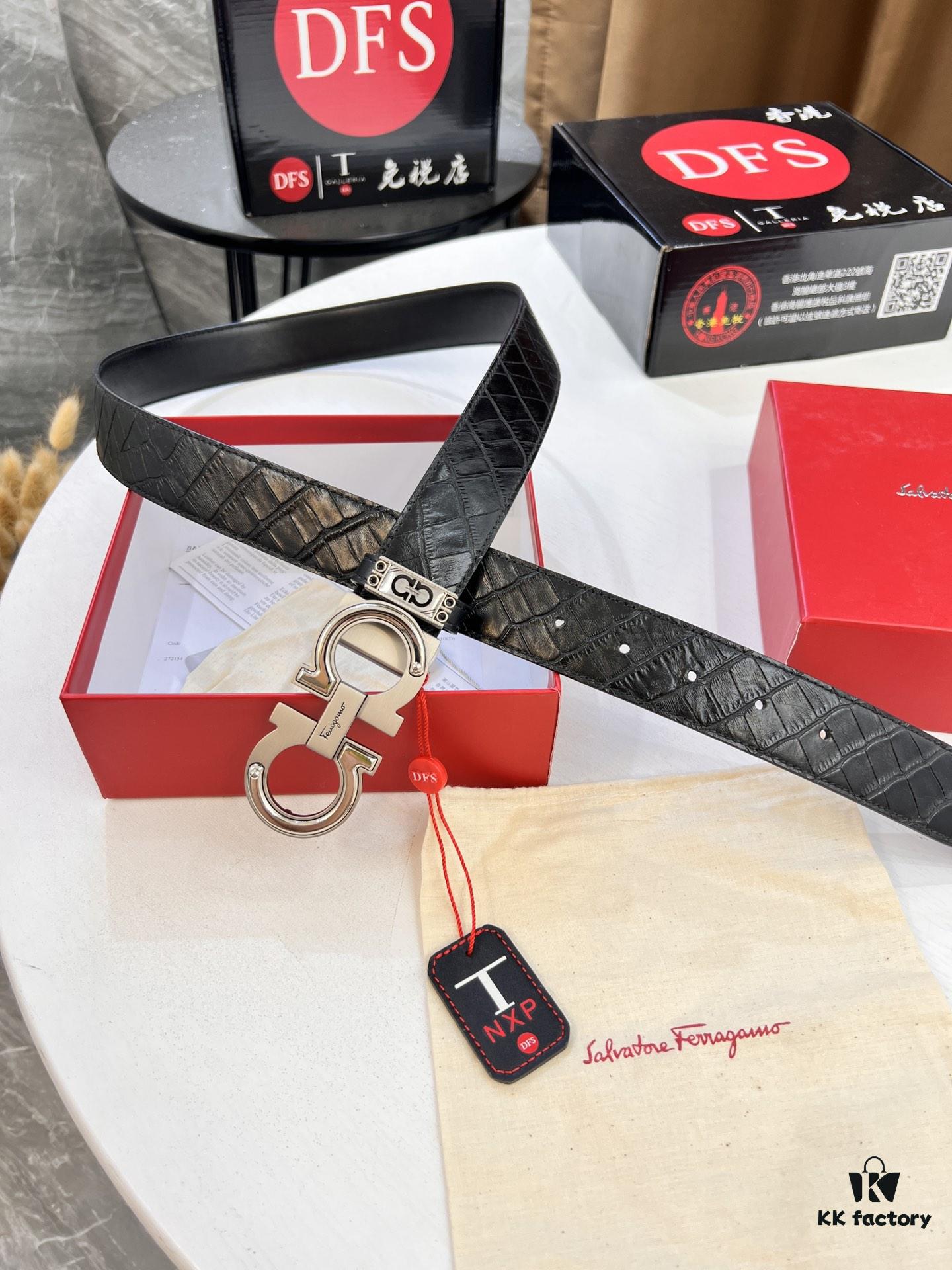 693200663a89a121ed550070 Salvatore Ferragamo Men's Belt, Genuine Crocodile Grain Top Layer Cowhide, Reversible Double-Sided Design, 3.5cm Width, New '8' Shaped Stainless Steel Hardware, Official Website Verified, Ideal for Gifting