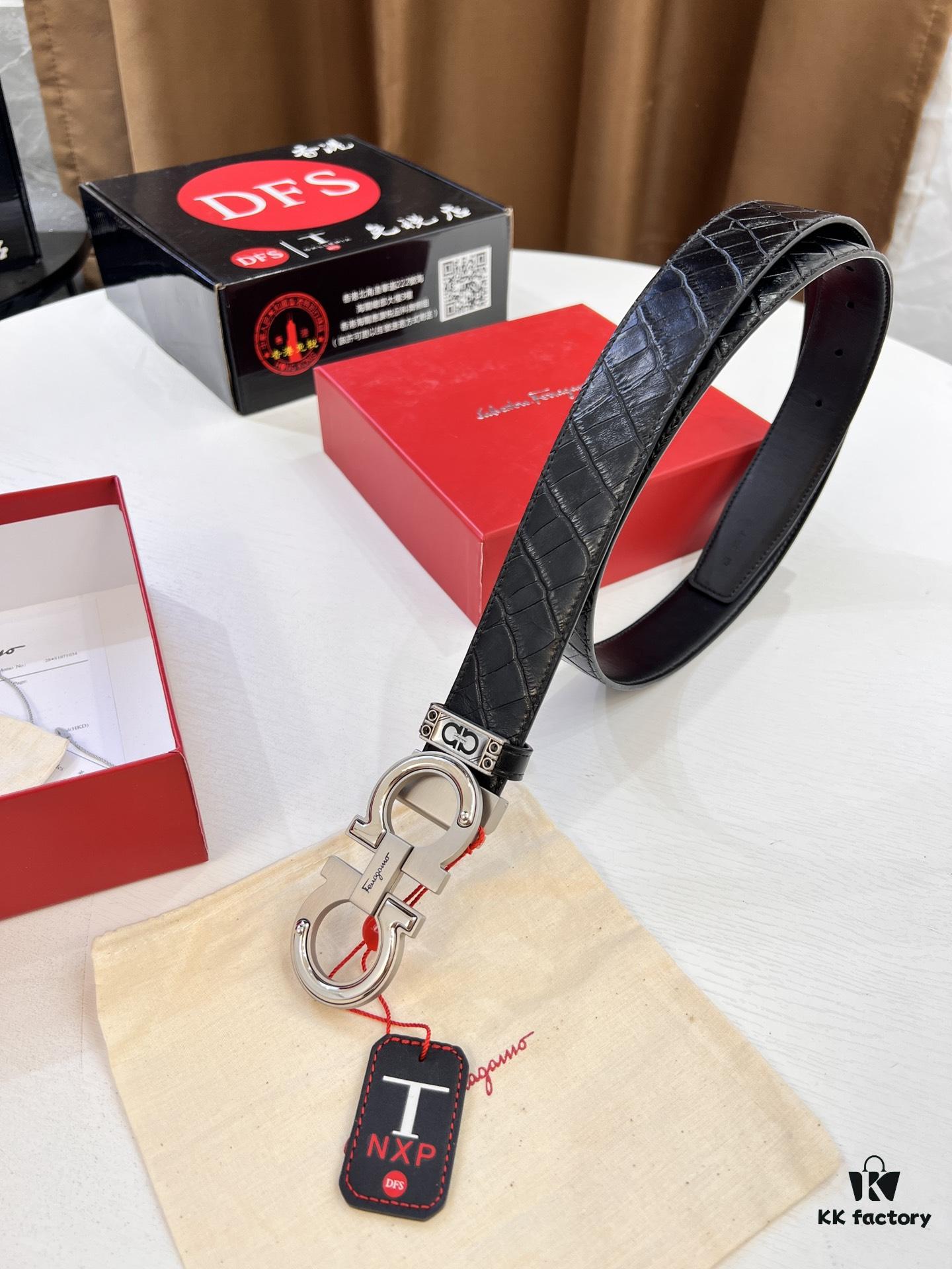 693200673a89a121ed550071 Salvatore Ferragamo Men's Belt, Genuine Crocodile Grain Top Layer Cowhide, Reversible Double-Sided Design, 3.5cm Width, New '8' Shaped Stainless Steel Hardware, Official Website Verified, Ideal for Gifting