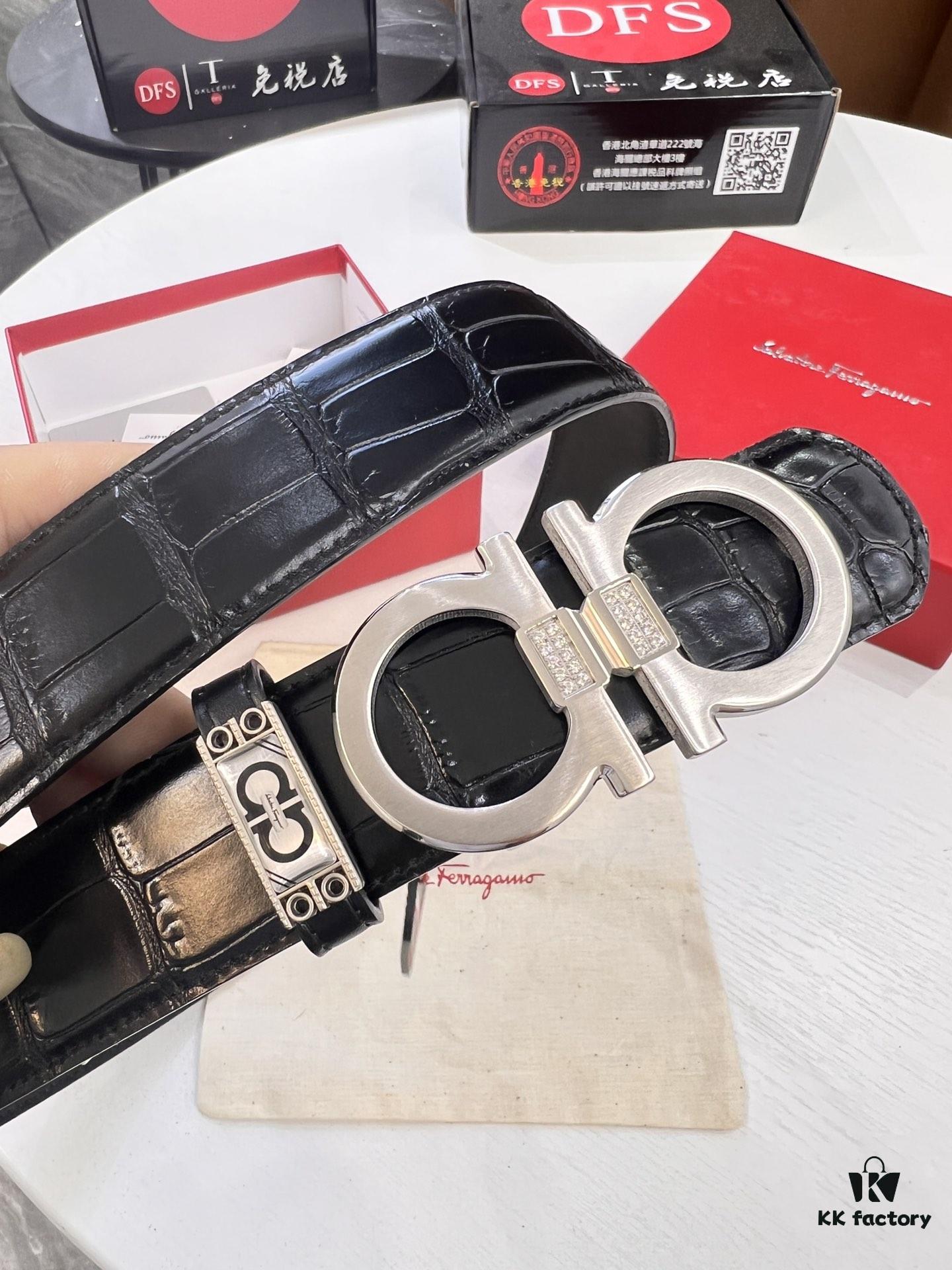 693200673a89a121ed550075 Top-tier Salvatore Ferragamo Belt, Authentic Hong Kong Duty-Free T Gift Box, 8-Shape Genuine Hardware, Full-Grain Crocodile-Texture Calfskin Leather, German-Made Craftsmanship