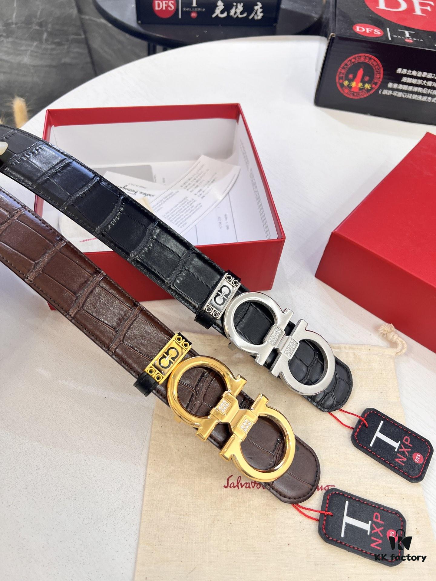 693200673a89a121ed550079 Top-tier Salvatore Ferragamo Belt, Authentic Hong Kong Duty-Free T Gift Box, 8-Shape Genuine Hardware, Full-Grain Crocodile-Texture Calfskin Leather, German-Made Craftsmanship