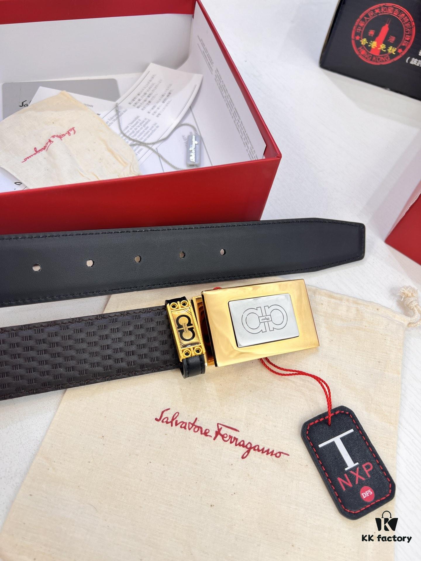 693200683a89a121ed550083 Salvatore Ferragamo Men's Belt, Genuine First-Layer Calfskin with Double-Sided Usage, New Minimalist Stainless Steel Hardware, 3.5cm Width