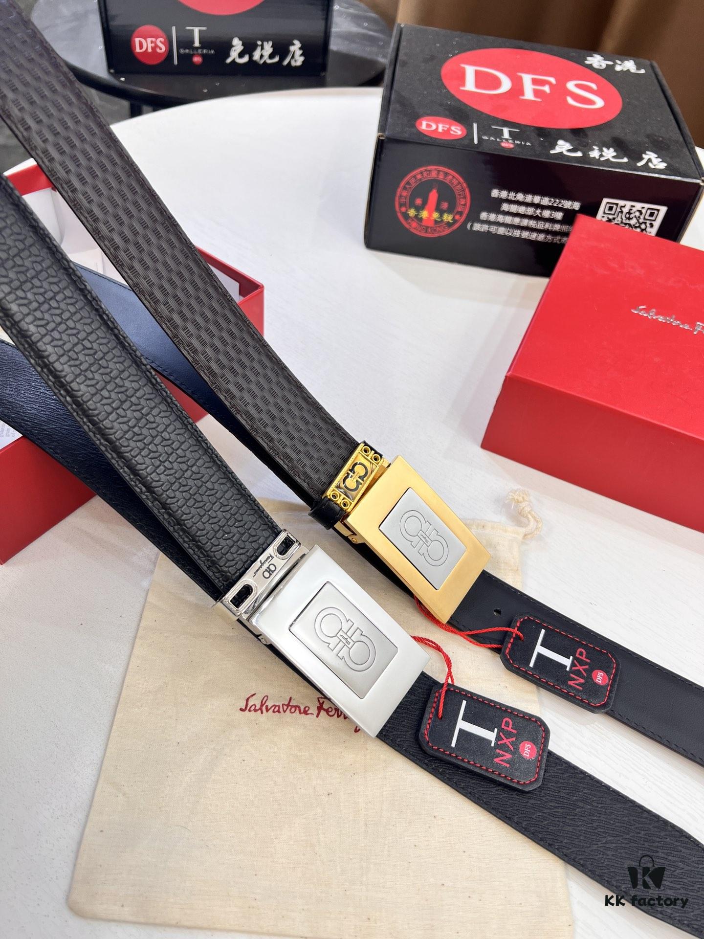 693200683a89a121ed550087 Salvatore Ferragamo Men's Belt, Genuine First-Layer Calfskin with Double-Sided Usage, New Minimalist Stainless Steel Hardware, 3.5cm Width