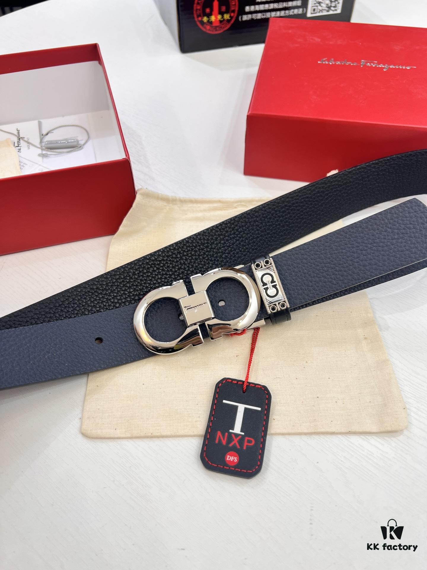 6932006b3a89a121ed5500a6 Ferragamo Men's Belt, Genuine First-Layer Calfskin with Double-Sided Wear, 3.5cm Width, Stainless Steel Buckle, Adjustable Length
