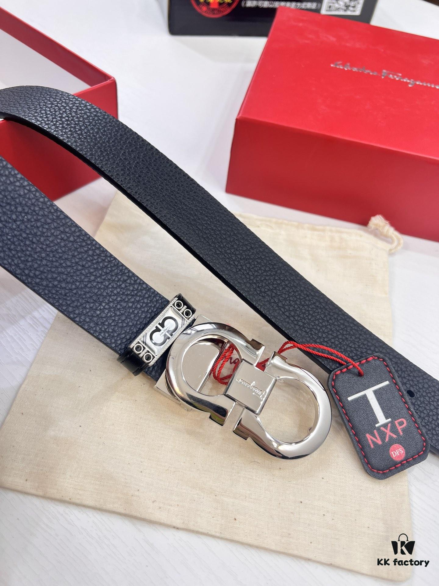 6932006b3a89a121ed5500a8 Ferragamo Men's Belt, Genuine First-Layer Calfskin with Double-Sided Wear, 3.5cm Width, Stainless Steel Buckle, Adjustable Length