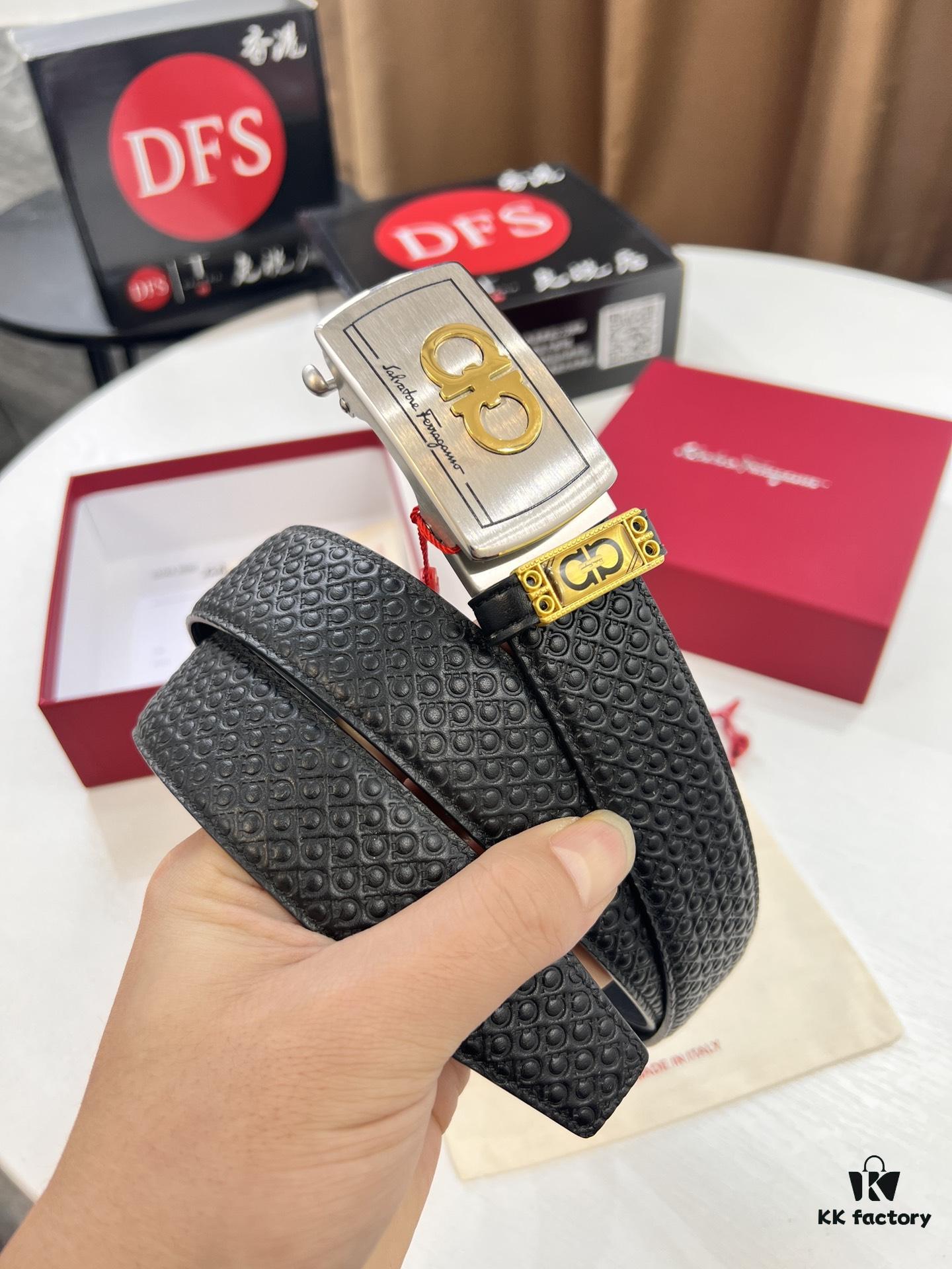 Salvatore Ferragamo Men's Automatic Series Leather Belt, Imported Top-Grain Calfskin with Steel Hardware, 3.5 cm Width, Auto-Tooth Design