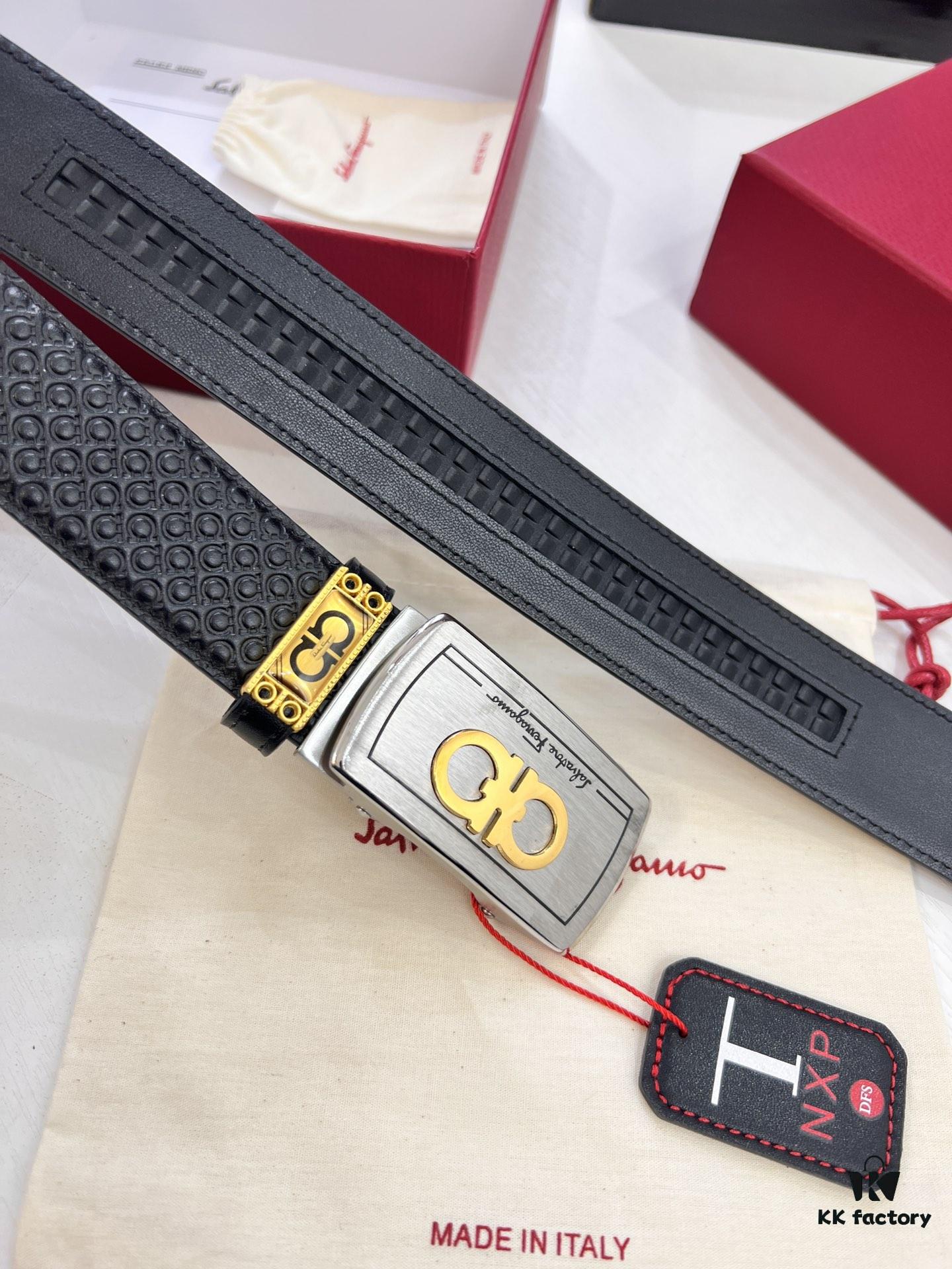 Salvatore Ferragamo Men's Automatic Series Leather Belt, Imported Top-Grain Calfskin with Steel Hardware, 3.5 cm Width, Auto-Tooth Design