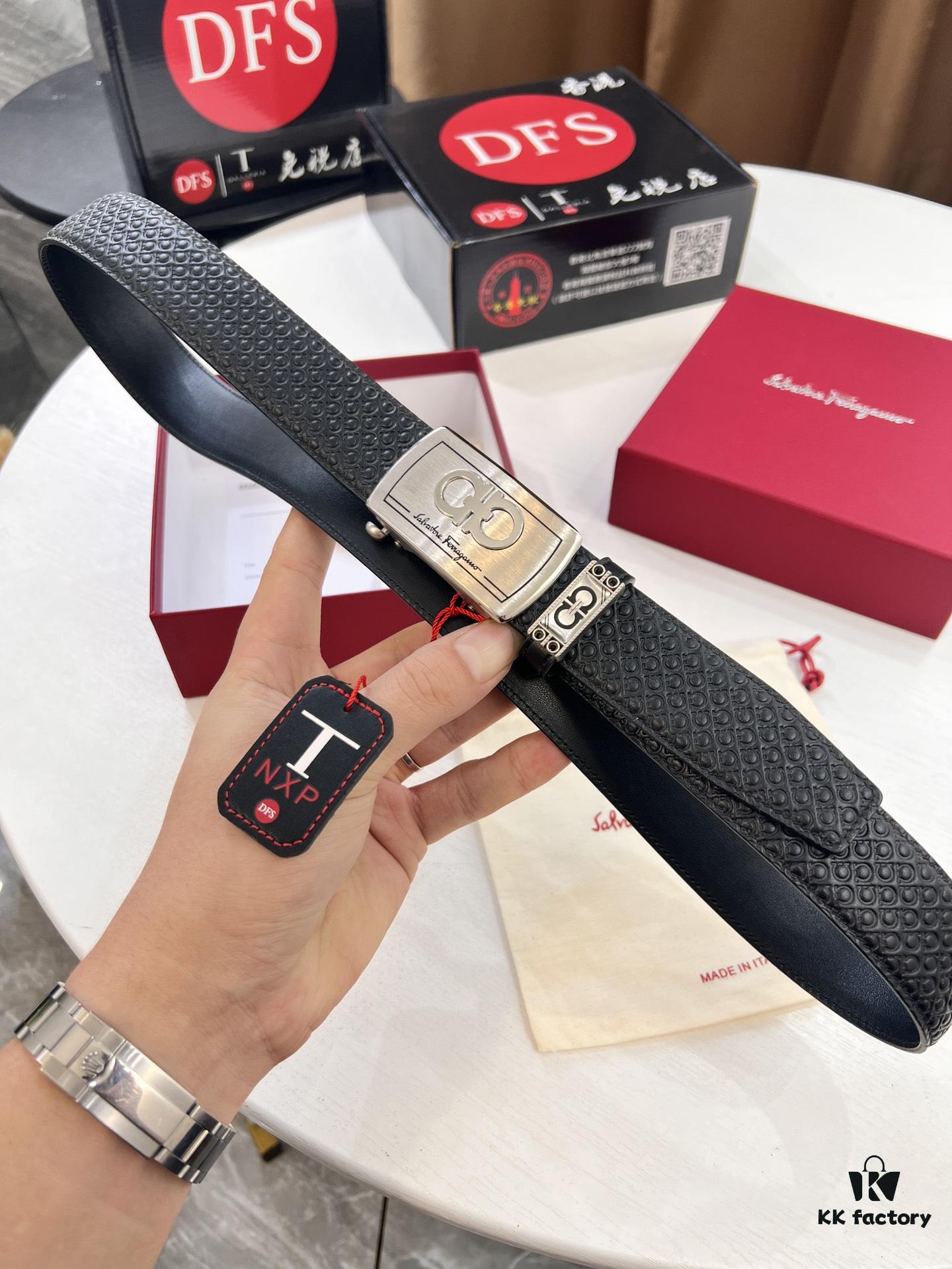 6932006e3a89a121ed5500d7 Salvatore Ferragamo Men's Automatic Belt, 3.5cm Width, Full-Grain Calfskin with Steel Hardware, Diagonal Texture