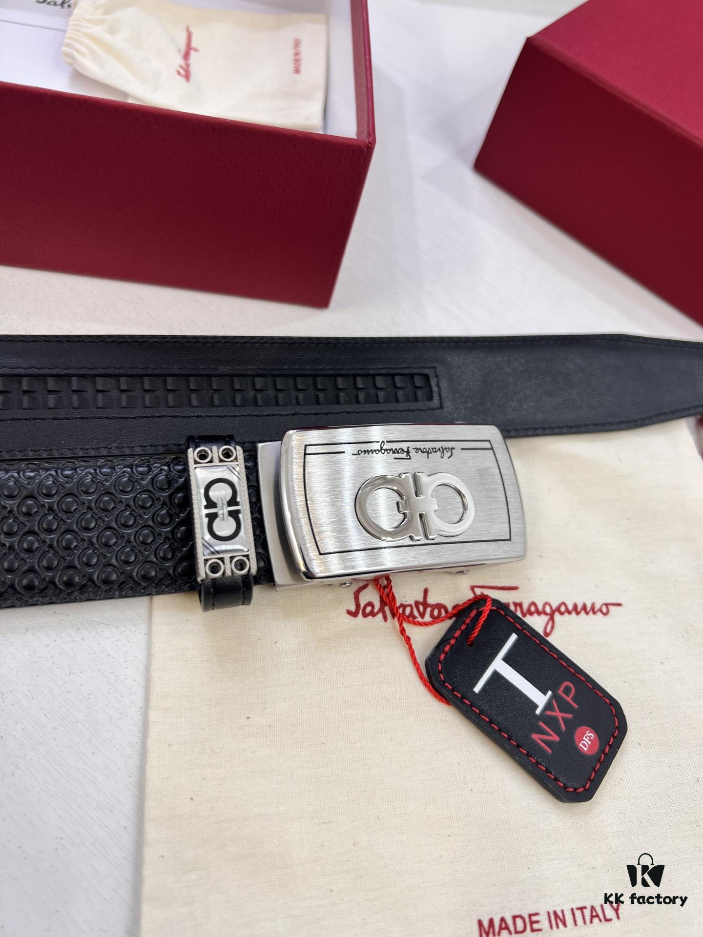 6932006f3a89a121ed5500d8 Salvatore Ferragamo Men's Automatic Belt, 3.5cm Width, Full-Grain Calfskin with Steel Hardware, Diagonal Texture