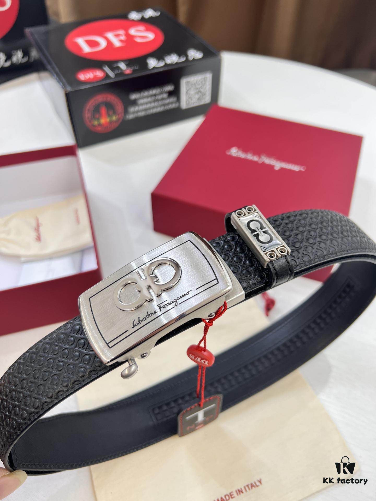 6932006f3a89a121ed5500da Salvatore Ferragamo Men's Automatic Belt, 3.5cm Width, Full-Grain Calfskin with Steel Hardware, Diagonal Texture
