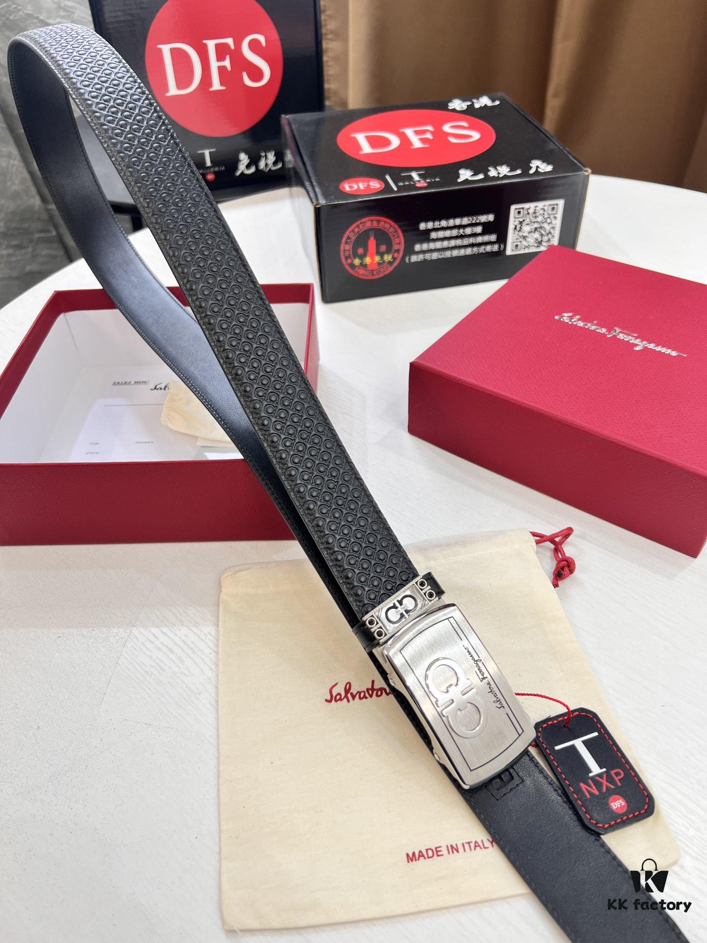 6932006f3a89a121ed5500dc Salvatore Ferragamo Men's Automatic Belt, 3.5cm Width, Full-Grain Calfskin with Steel Hardware, Diagonal Texture
