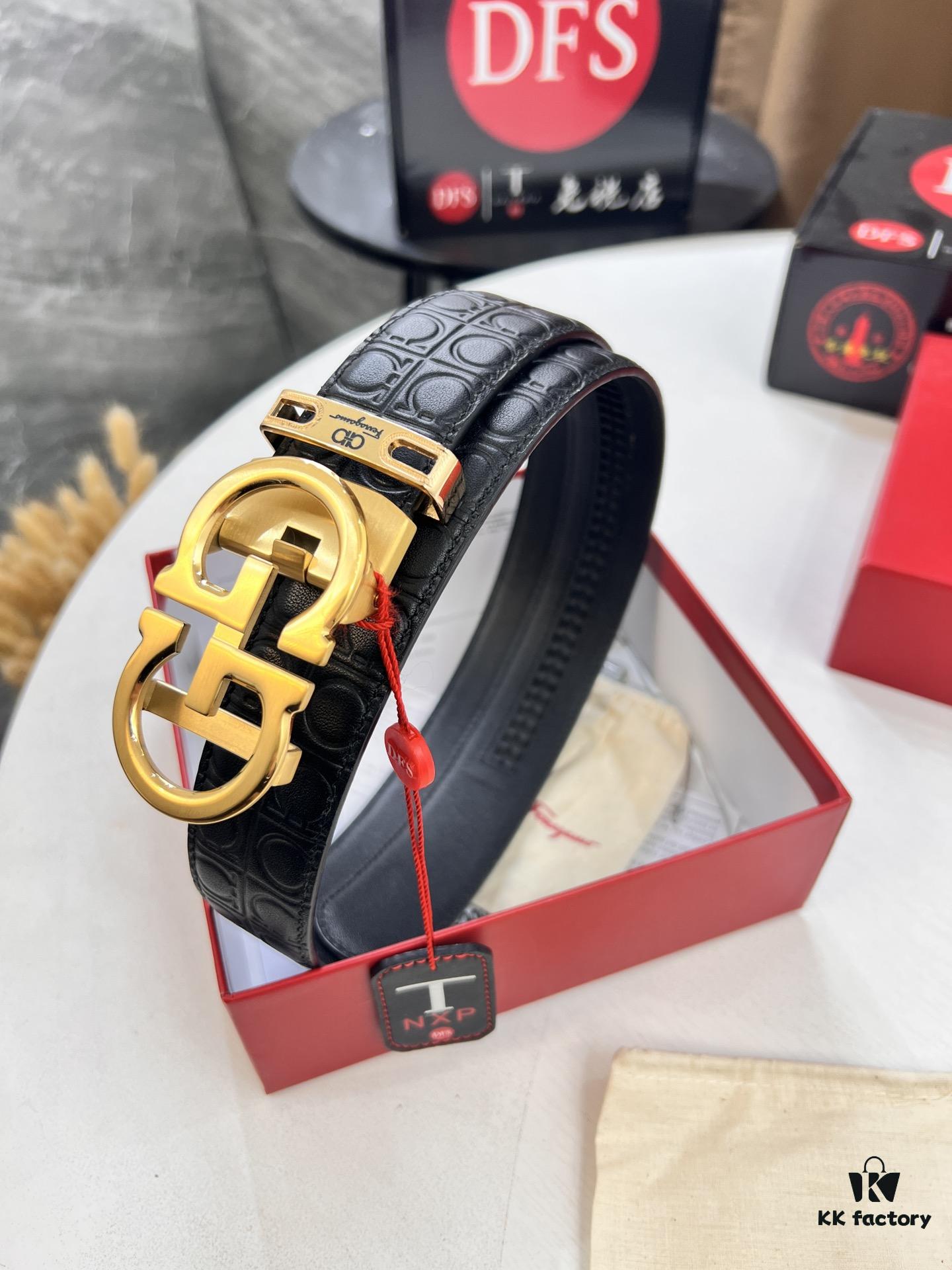 Arrival of Salvatore Ferragamo Men's Automatic Series Leather Belt with ZP Molded 8-Shaped Beveled Pattern and Stainless Steel Hardware