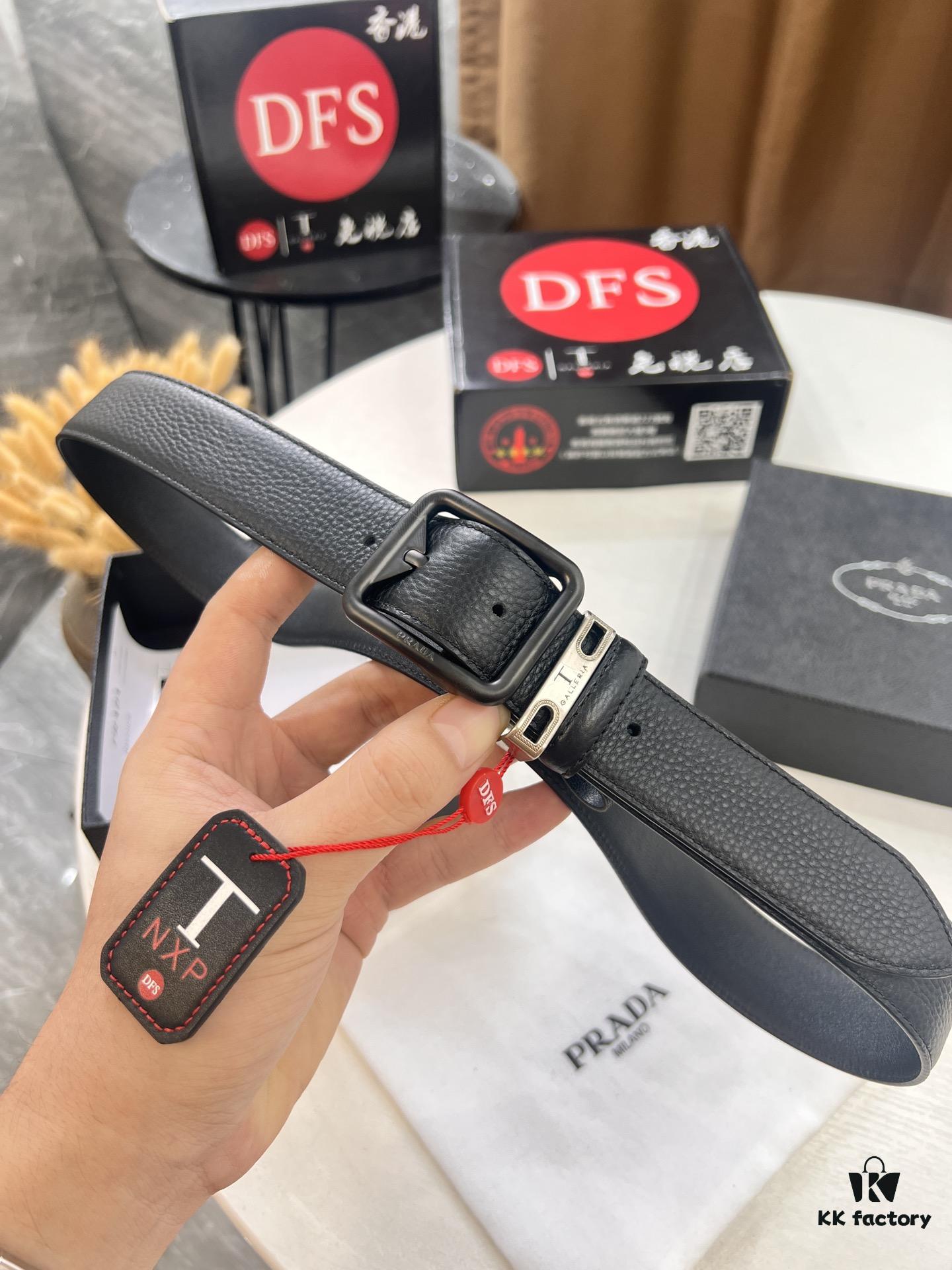693200a63a89a121ed55013c Prada Men's Belt, Double-Sided Use, Aged Rotating Hardware, 3.5cm Width, Top-Grade Imported Cross-Grain Cowhide Leather