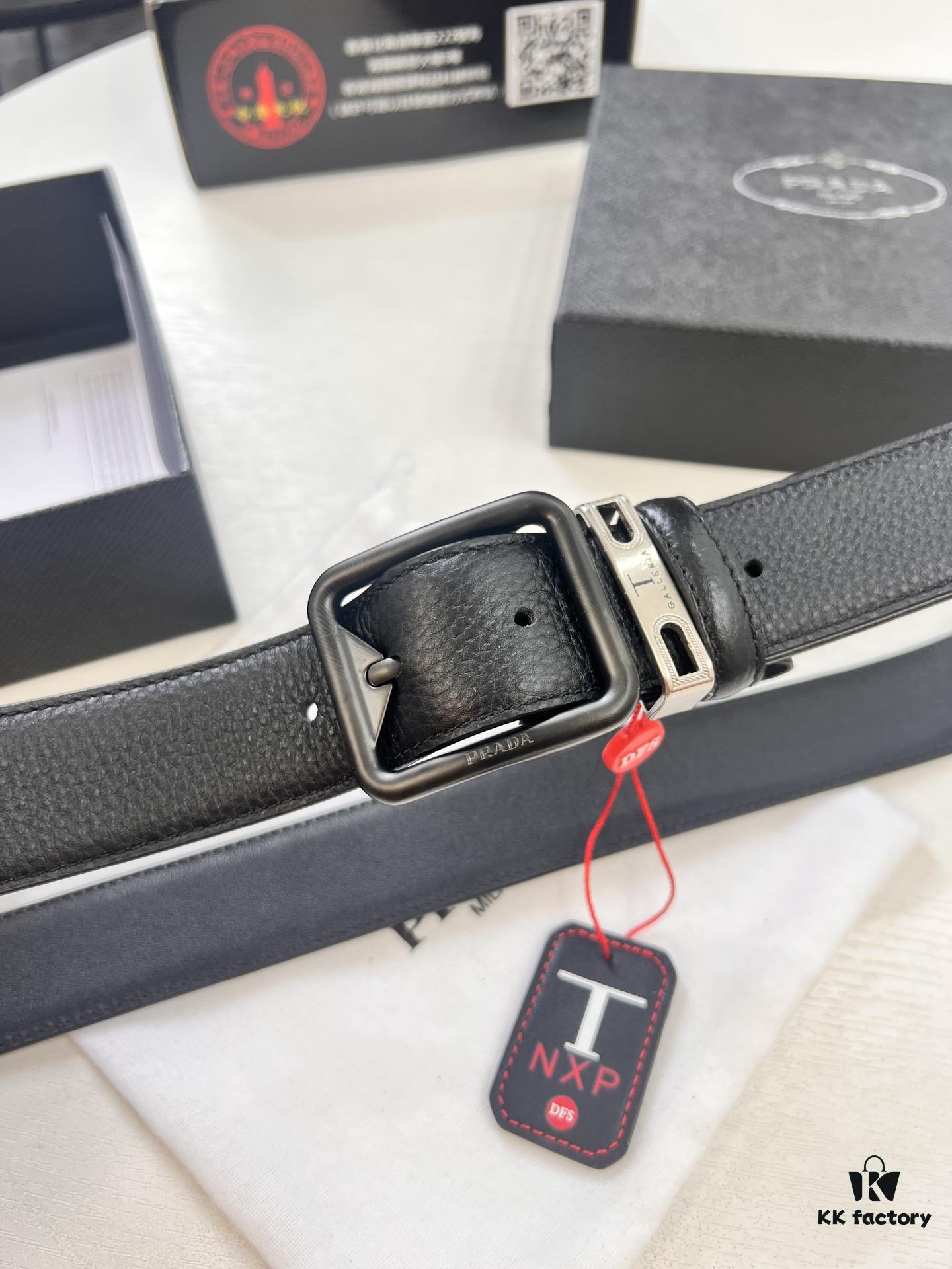 693200a63a89a121ed55013d Prada Men's Belt, Double-Sided Use, Aged Rotating Hardware, 3.5cm Width, Top-Grade Imported Cross-Grain Cowhide Leather
