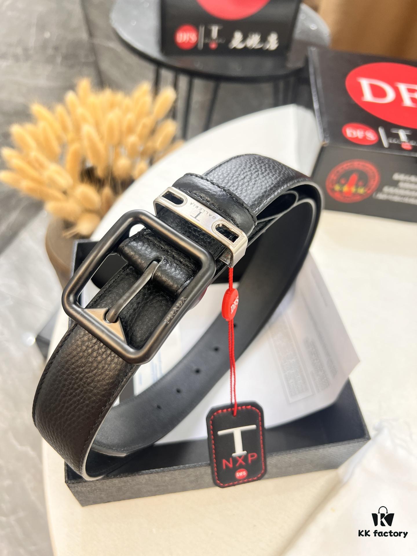 693200a63a89a121ed550141 Prada Men's Belt, Double-Sided Use, Aged Rotating Hardware, 3.5cm Width, Top-Grade Imported Cross-Grain Cowhide Leather