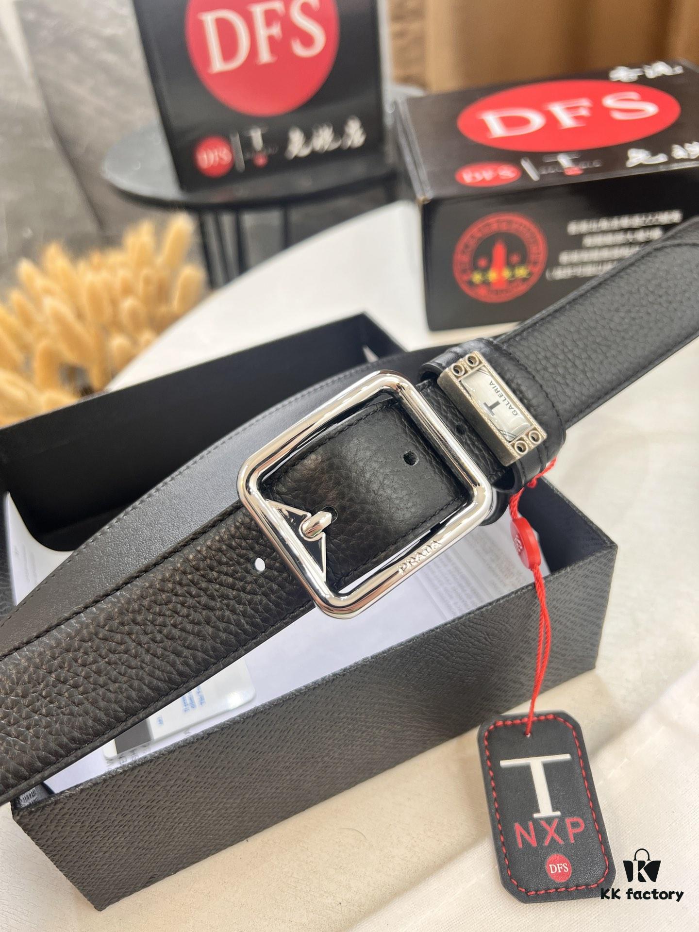 693200a63a89a121ed550144 Prada Men's Belt, Double-Sided Use, Aged Rotating Hardware, 3.5cm Width, Top-Grade Imported Cross-Grain Calfskin Leather