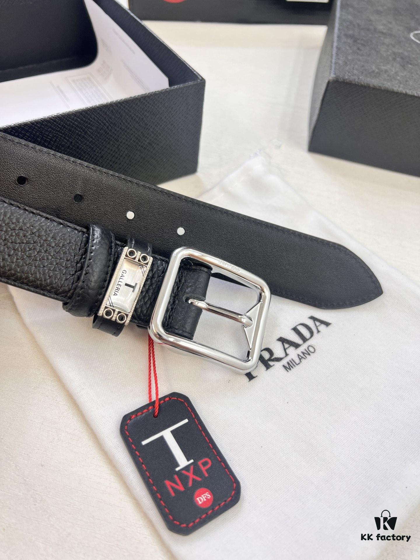 693200a63a89a121ed550145 Prada Men's Belt, Double-Sided Use, Aged Rotating Hardware, 3.5cm Width, Top-Grade Imported Cross-Grain Calfskin Leather