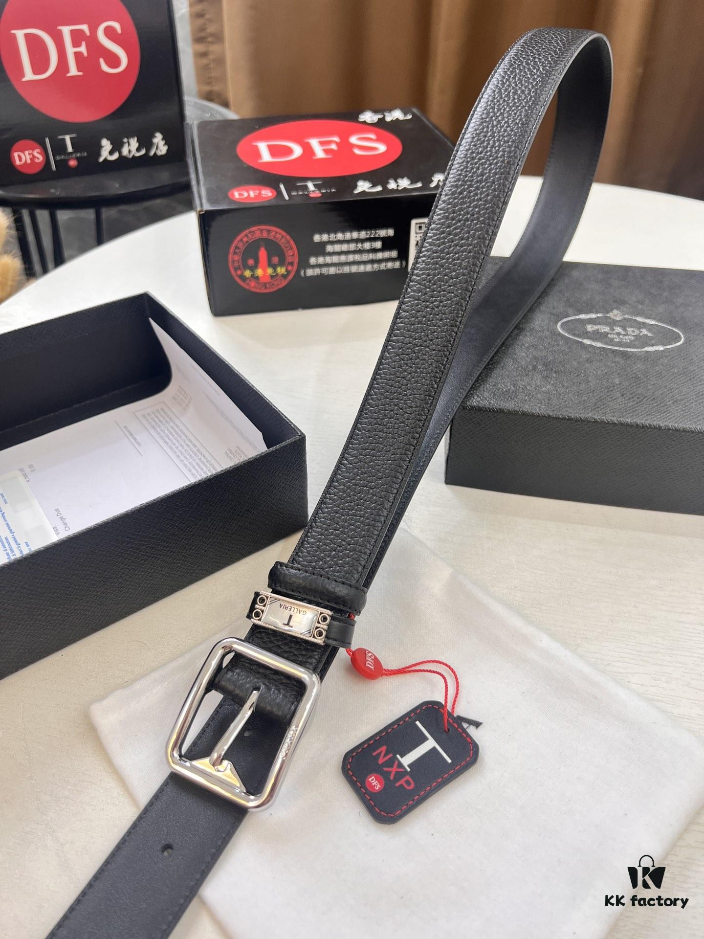 693200a63a89a121ed550146 Prada Men's Belt, Double-Sided Use, Aged Rotating Hardware, 3.5cm Width, Top-Grade Imported Cross-Grain Calfskin Leather