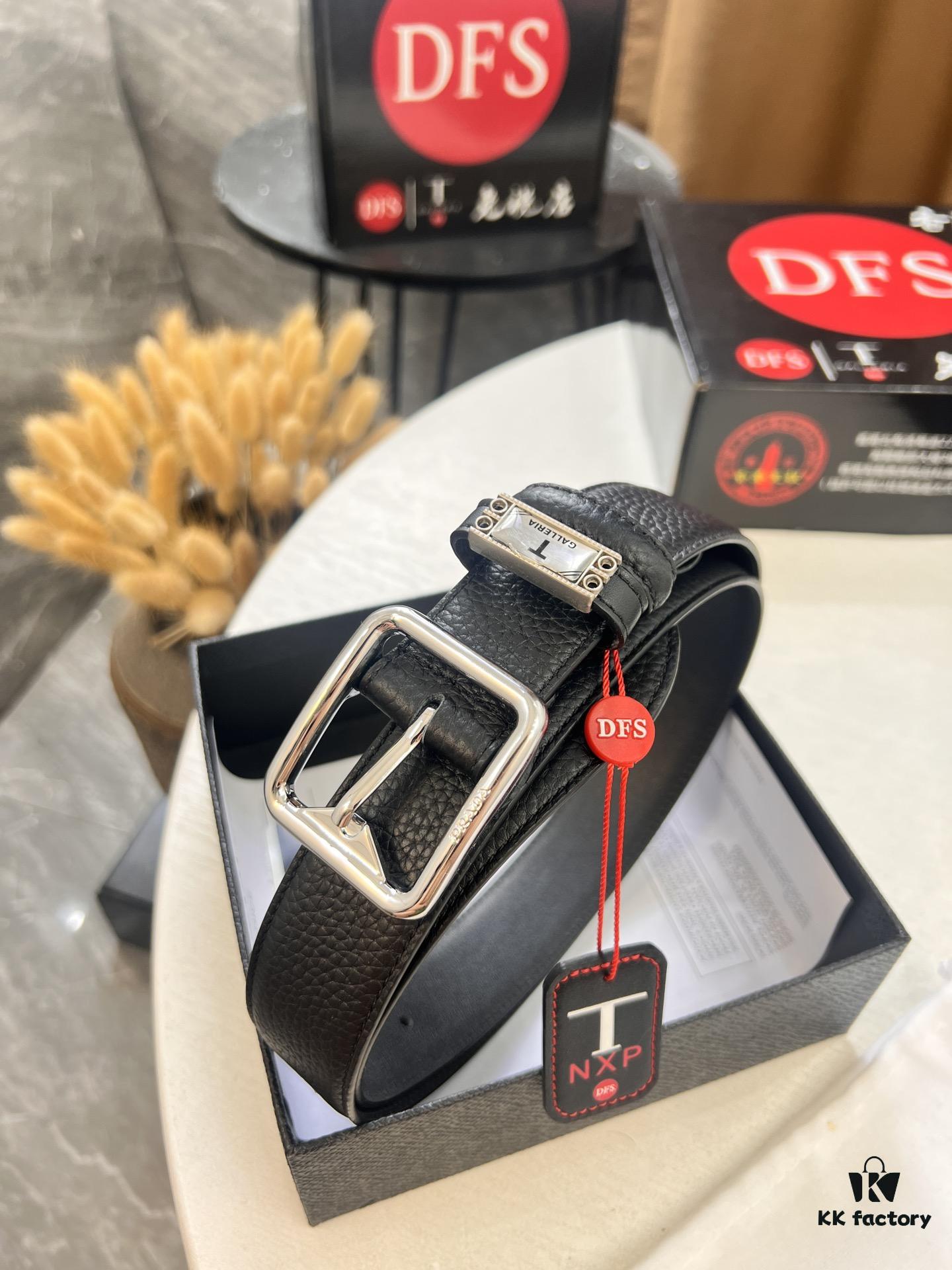693200a63a89a121ed550147 Prada Men's Belt, Double-Sided Use, Aged Rotating Hardware, 3.5cm Width, Top-Grade Imported Cross-Grain Calfskin Leather