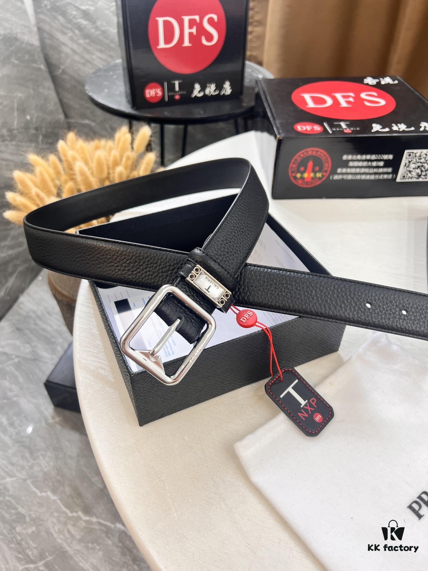 693200a73a89a121ed550148 Prada Men's Belt, Double-Sided Use, Aged Rotating Hardware, 3.5cm Width, Top-Grade Imported Cross-Grain Calfskin Leather