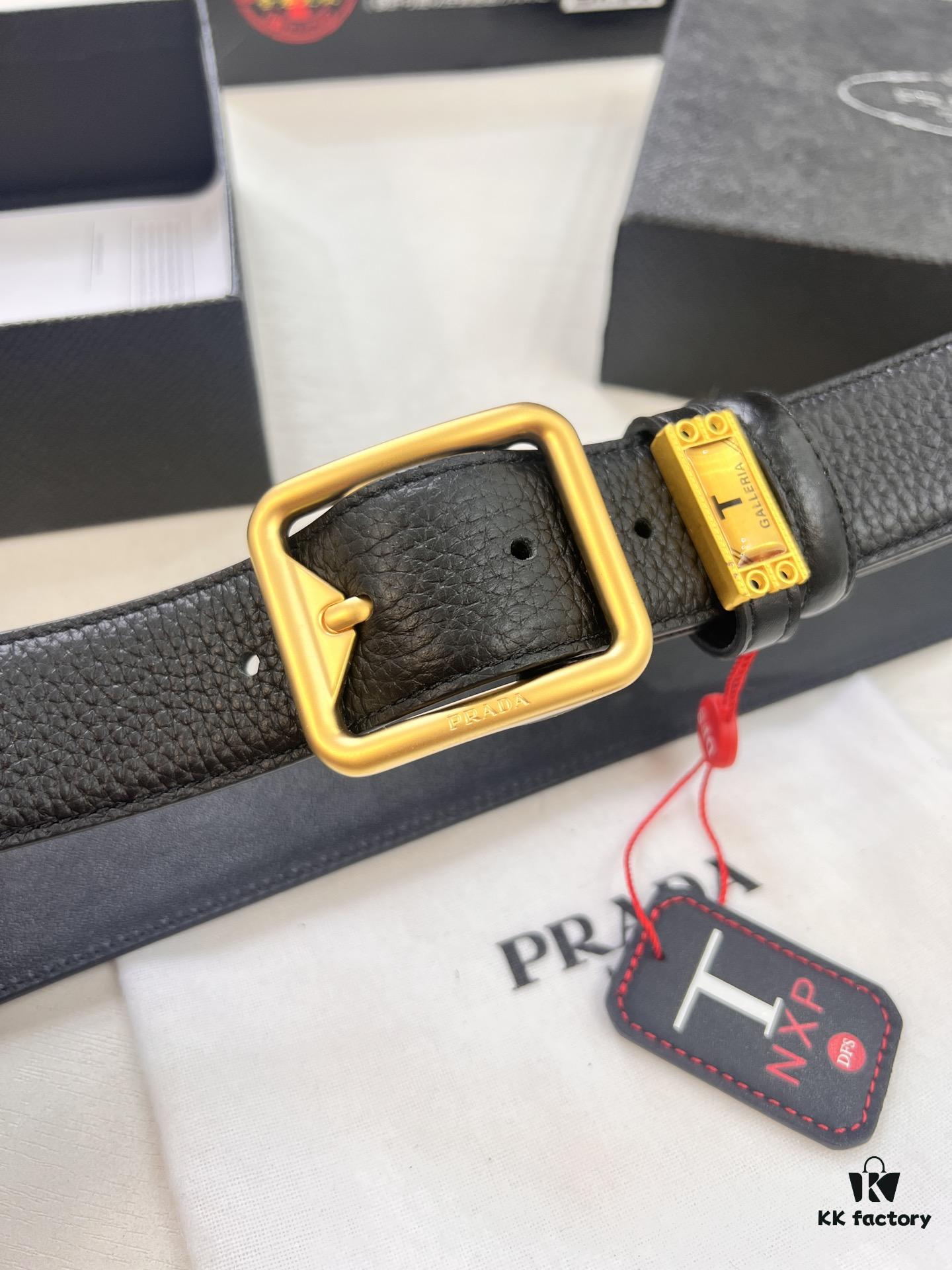 693200a73a89a121ed55014b Prada Men's Belt, Dual-Sided Use, Aged Rotating Hardware, 3.5cm Width, Top-Grade Imported Cowhide with Cross Texture