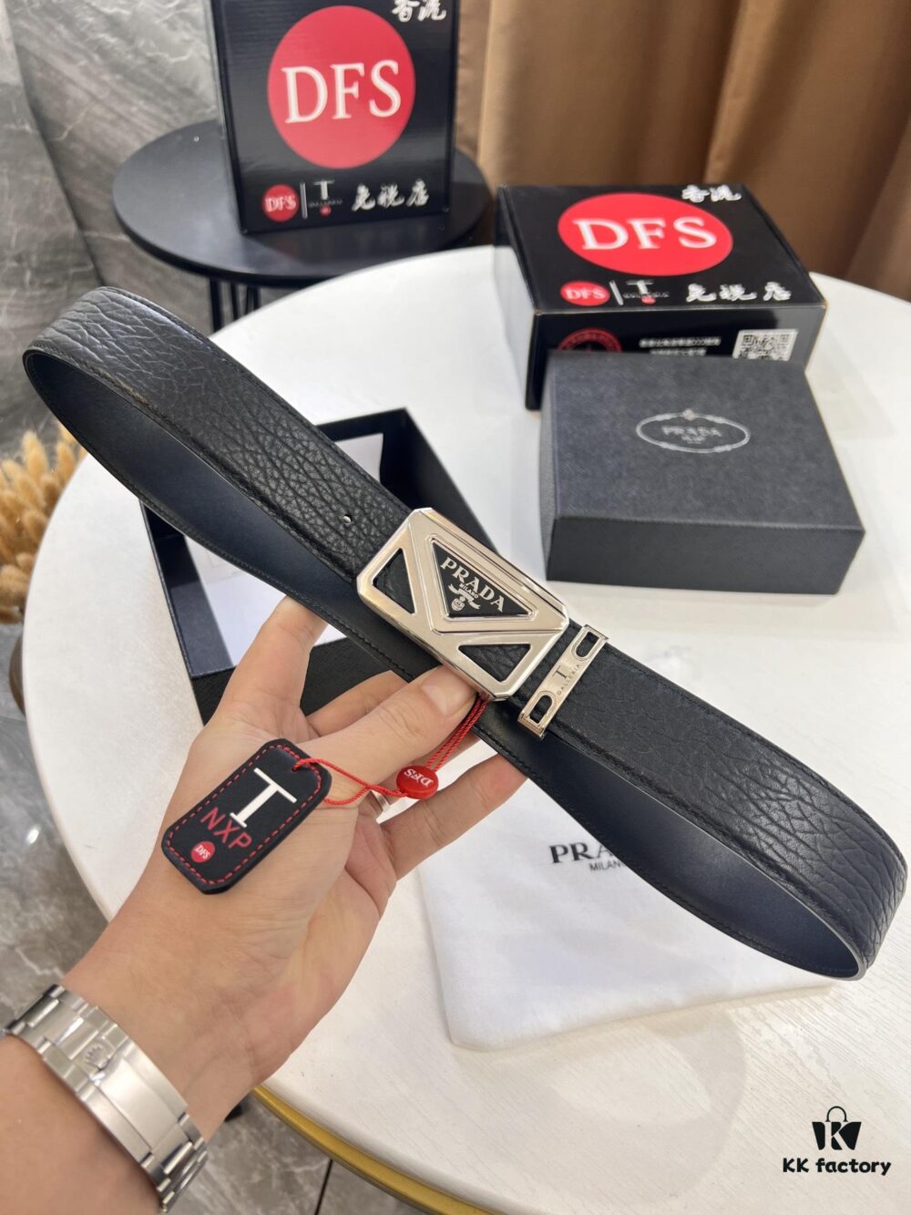 693200a93a89a121ed550166 Prada Hong Kong Duty-Free Gift Box Genuine Leather Belt with Elephant Grain Calfskin and Stainless Steel Hardware