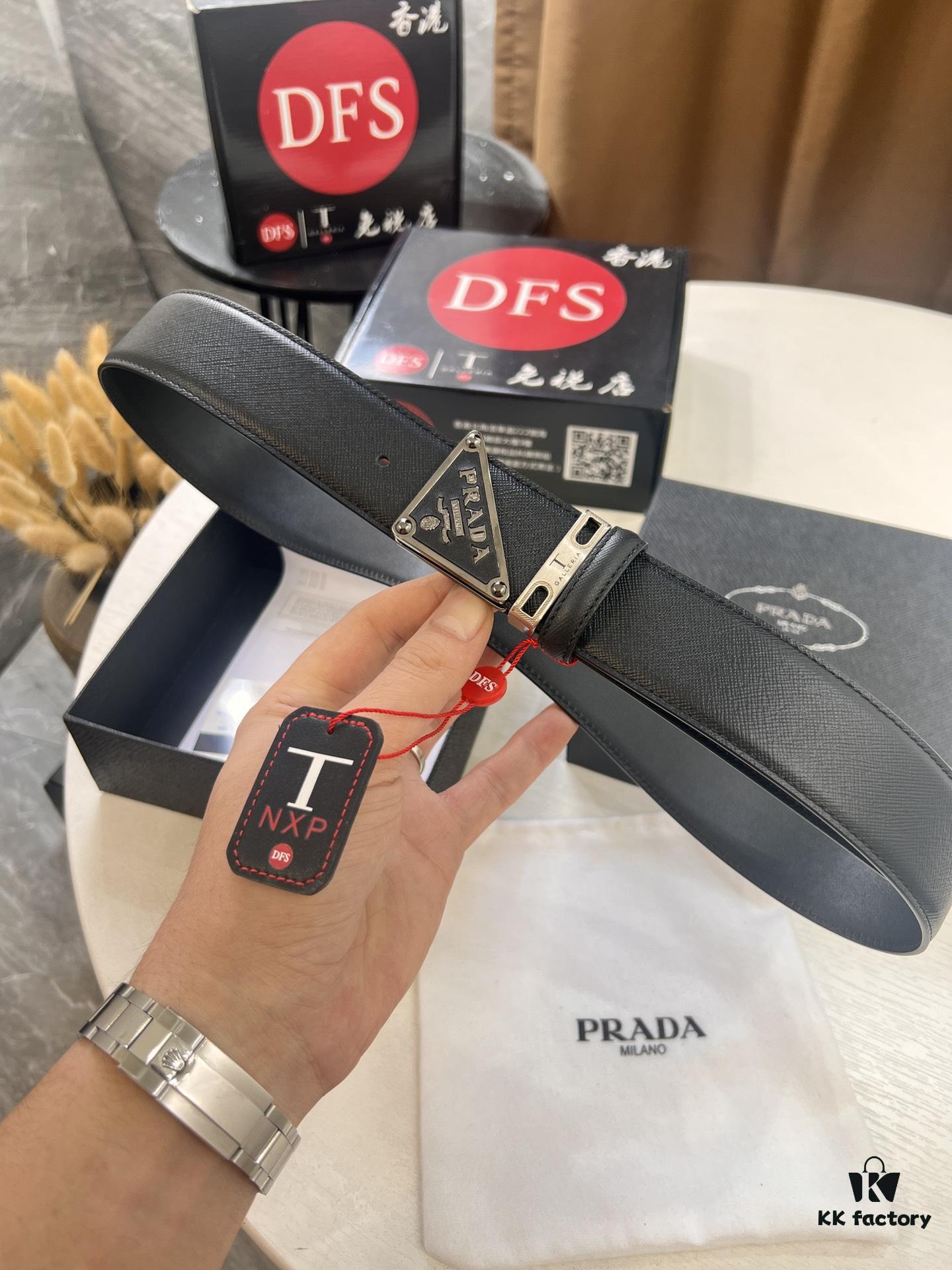 693200a93a89a121ed55016d Prada Style Hong Kong Tax-Free Gift Box Leather Belt with Square Buckle, Cross-Grain Calfskin Men's Formal Belt