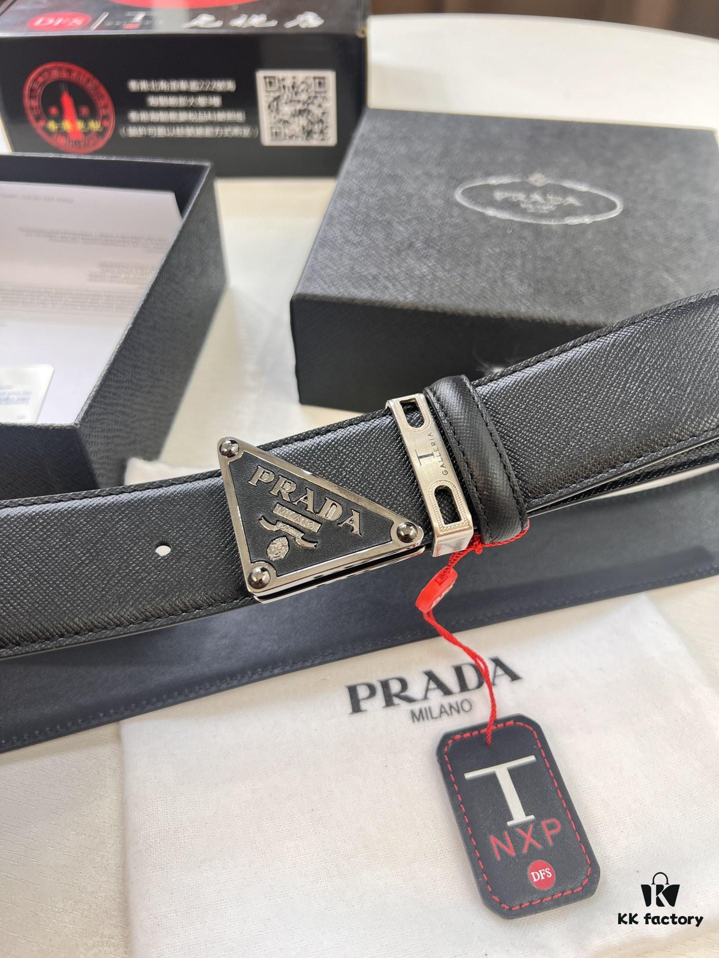 693200a93a89a121ed55016e Prada Style Hong Kong Tax-Free Gift Box Leather Belt with Square Buckle, Cross-Grain Calfskin Men's Formal Belt