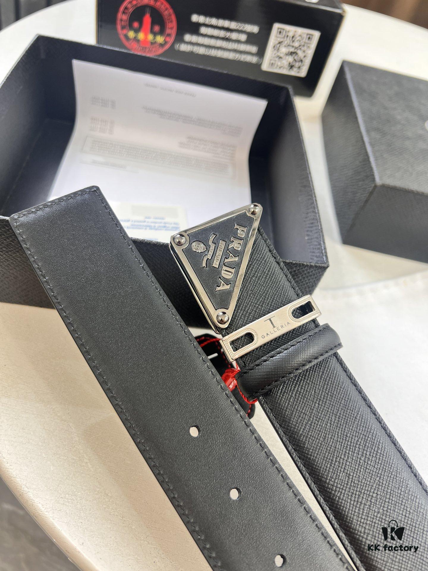 693200aa3a89a121ed55016f Prada Style Hong Kong Tax-Free Gift Box Leather Belt with Square Buckle, Cross-Grain Calfskin Men's Formal Belt